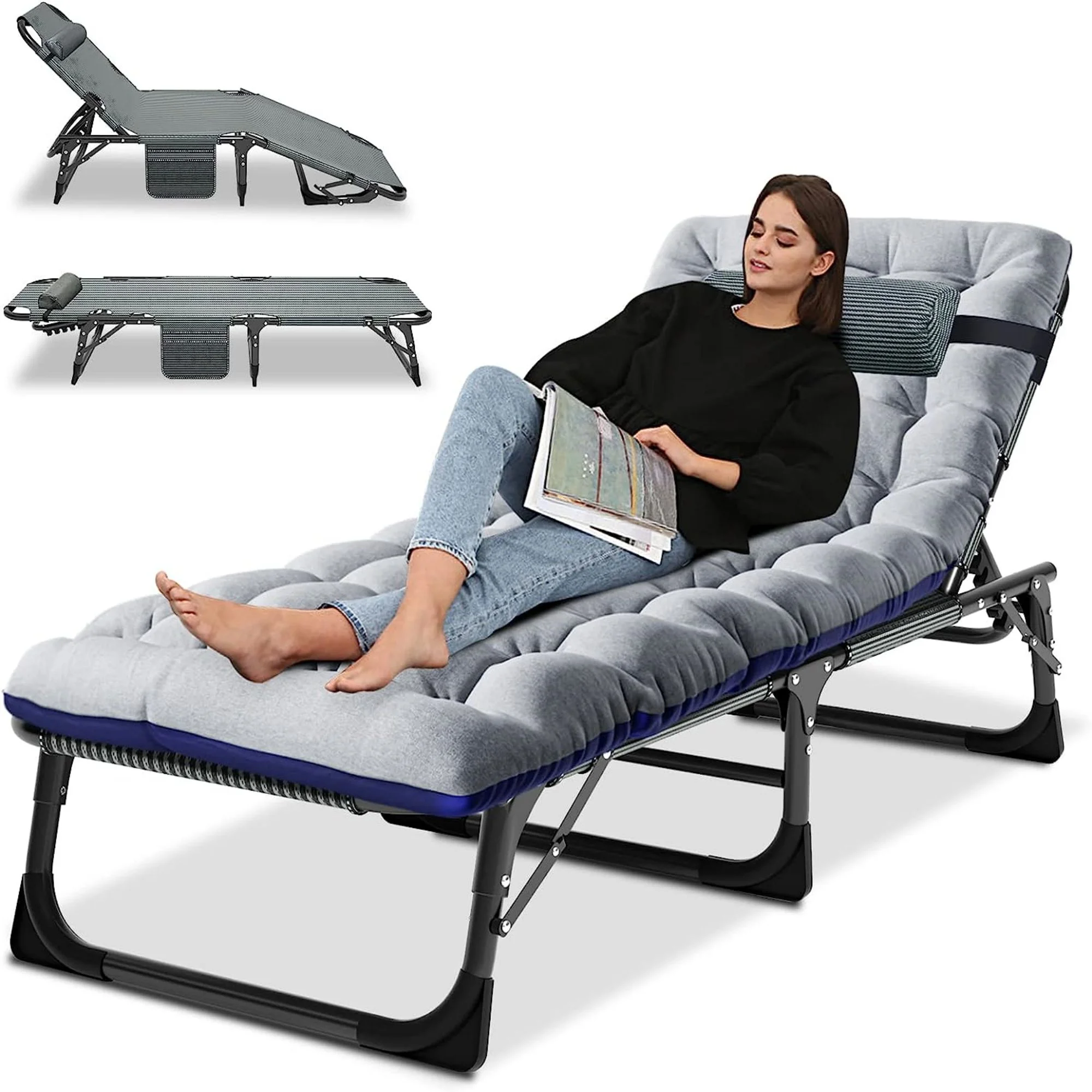 MOPHOTO Camping Cot With Mattress, Heavy Duty Sleeping Cot with Pillow, Cot Beds for Adult, 4-Position Adjustment Folding Bed, Outdoor Beds Lounger for Home, Pool, Beach, Patio