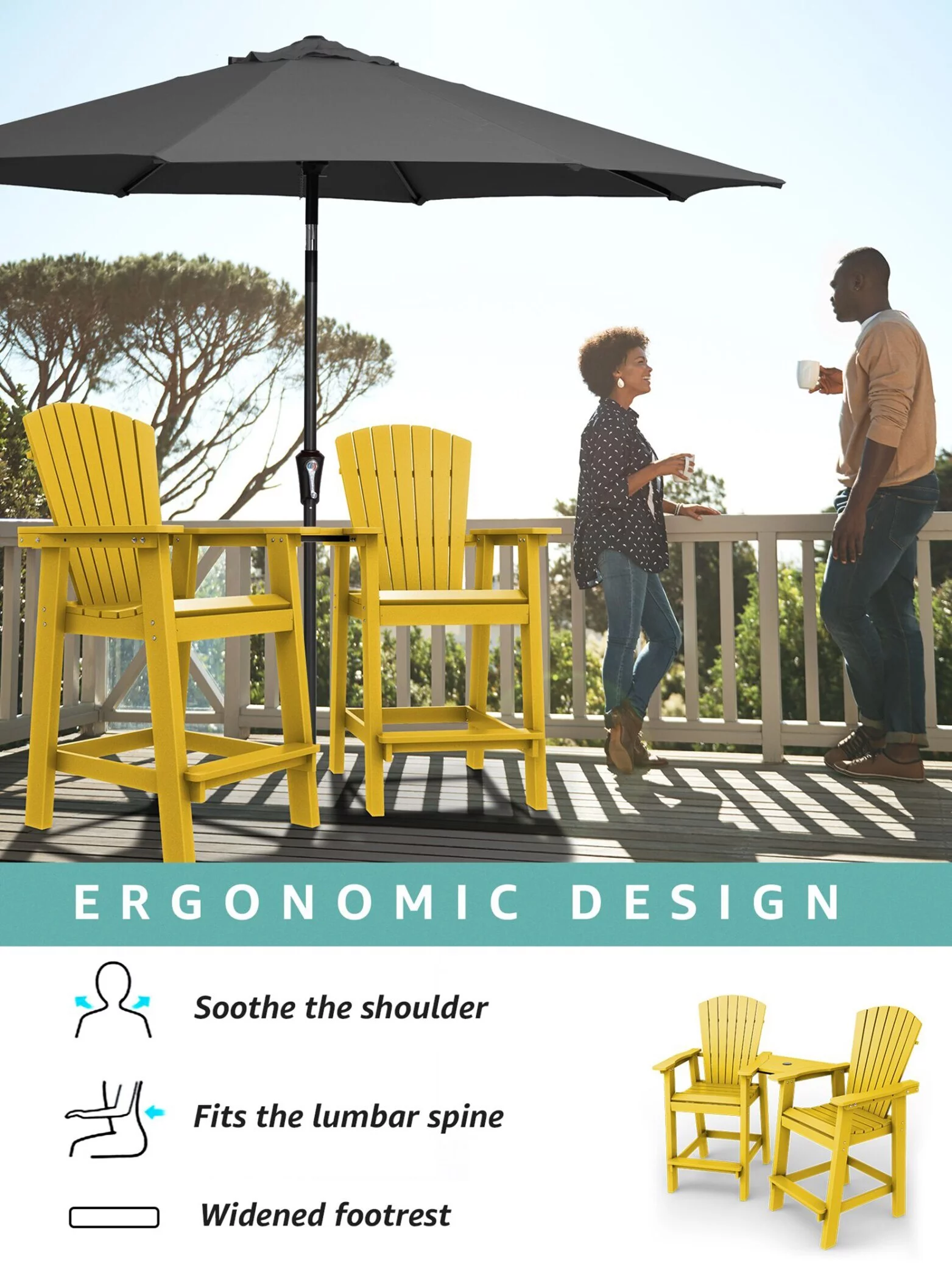 Wulful Tall Adirondack Chair Set w/ 2 Outdoor Barstools and Connecting Tray for Patio Umbrella, Yellow