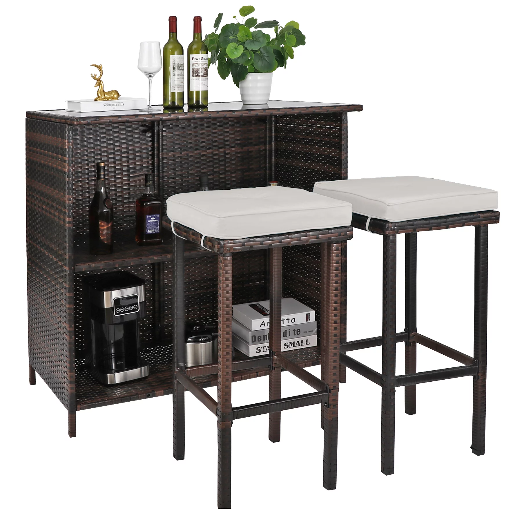 Outdoor Bar Furniture, 3 Piece Patio Bar Set, Brown Rattan Bar with Storage, 2 Beige Stool Cushions