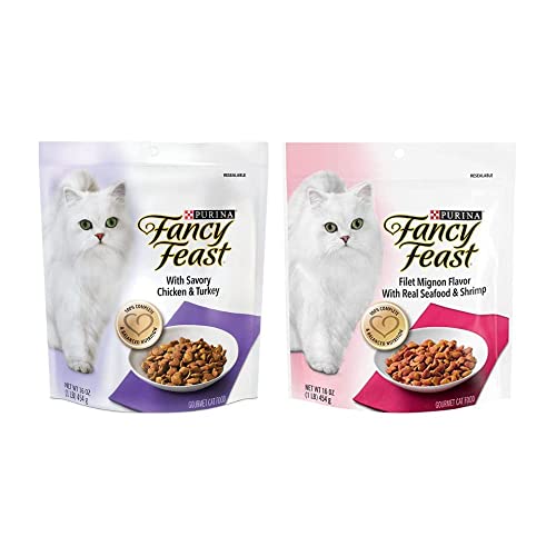Fancy Feast Purina Gourmet Cat Food (2) Flavor Variety Bundle: (1) Filet Mignon with Real Seafood & Shrimp,and (1) Ocean Fish & Salmon and Accents of Garden Greens, 16 Ounces Each