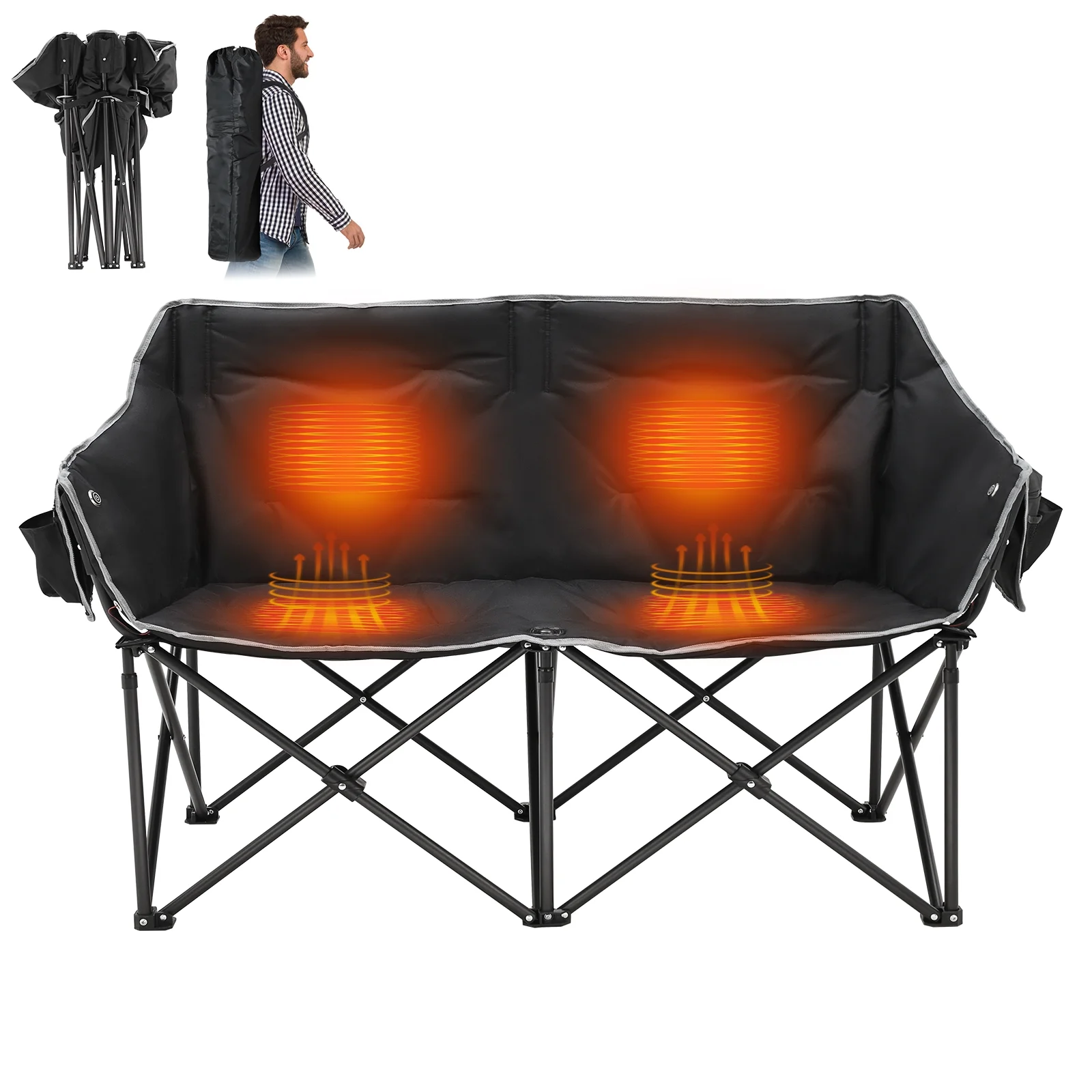 Slsy Heated Double Camping Chair, 2-Person Heated Folding Chairs for Outdoor Sports w/ 3 Heat Levels & 4 Heating Zones, Patio Lounge Chairs Folding Camping Chair Supports 550 lbs