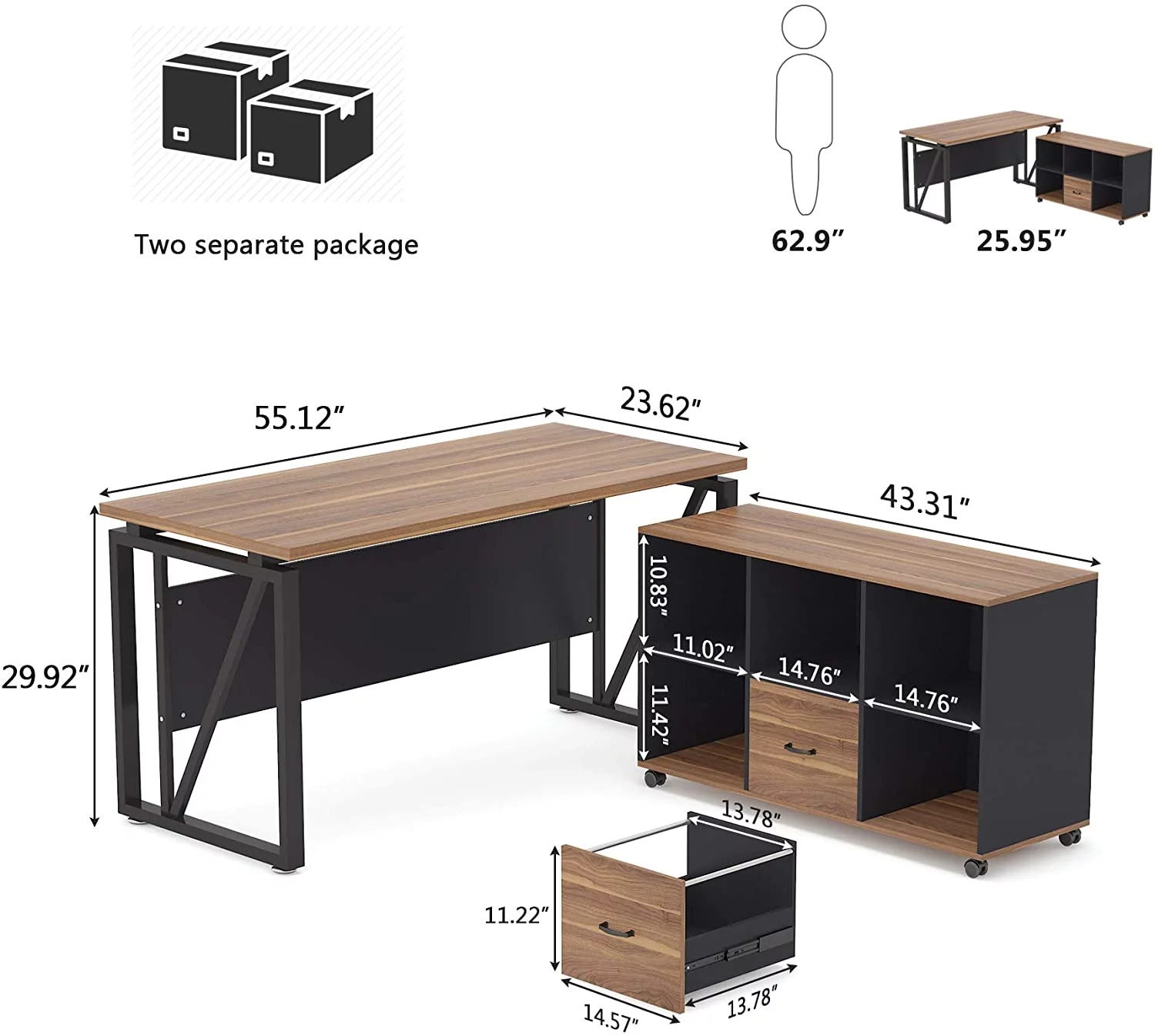 Tribesigns L-Shaped Computer Desk, 55 inches Executive Desk with File Cabinet, Gaming Desk Business Furniture with Drawers and Storage Shelves, Rustic Home Office Table