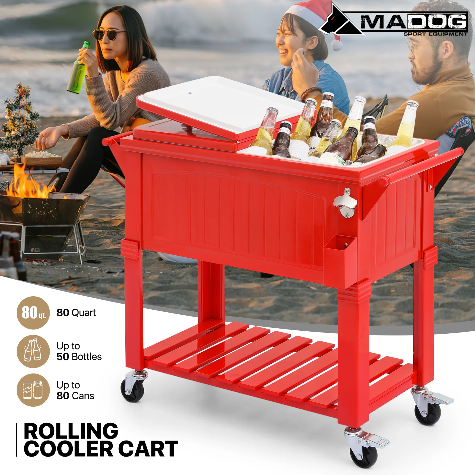 MADOG Portable Rolling Patio Cooler Ice Chest with Wheels Outdoor Cold Drink Beverage Bar Cart with Ice Scoop, Storage Shelf & Bottle Opener Deck Backyard Party Tub Trolley Cart, Red