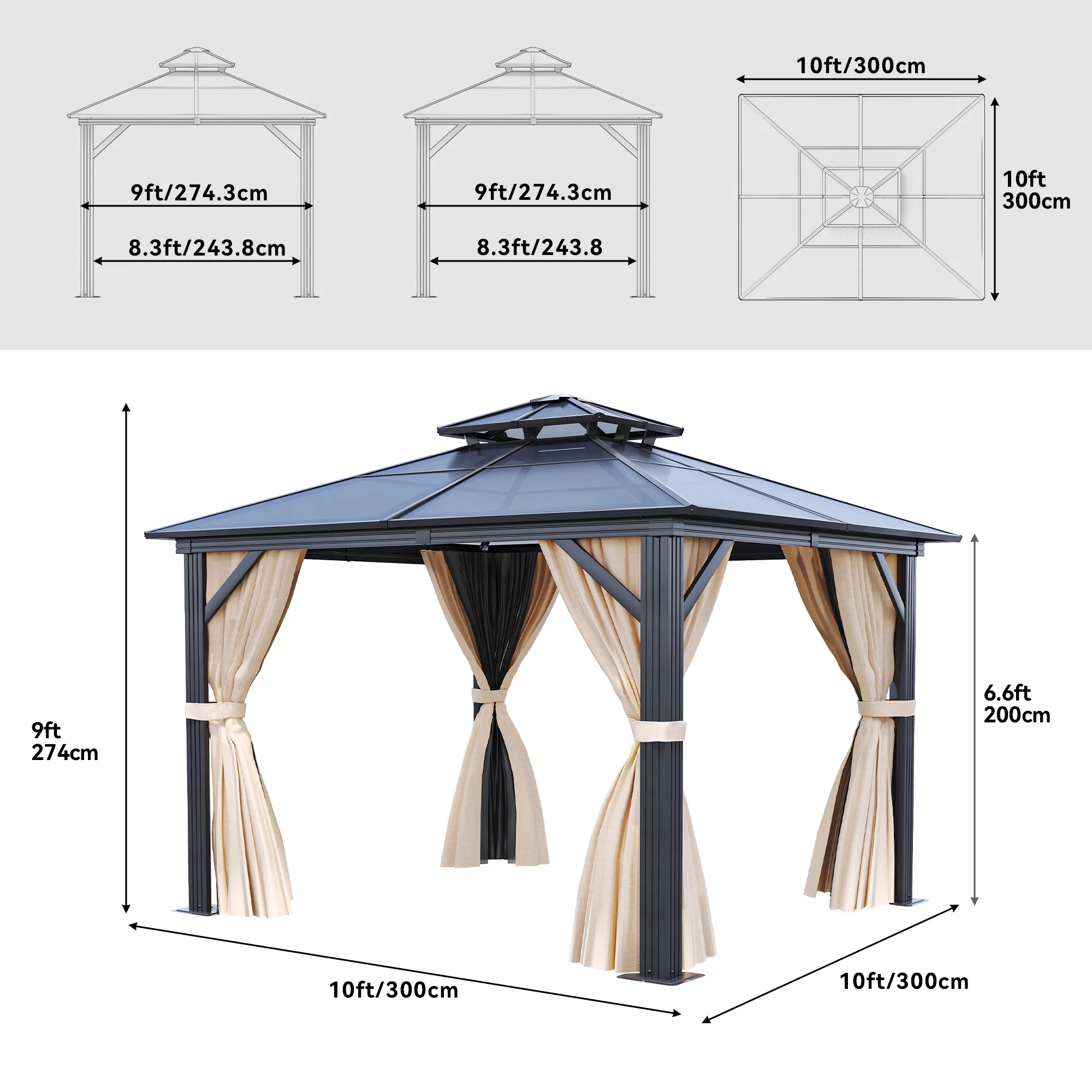 Dextrus 10x10ft Hardtop Gazebo, Double Roof Polycarbonate Gazebo Outdoor with Netting and Shaded Curtains for Patio, Garden, Lawn, Party