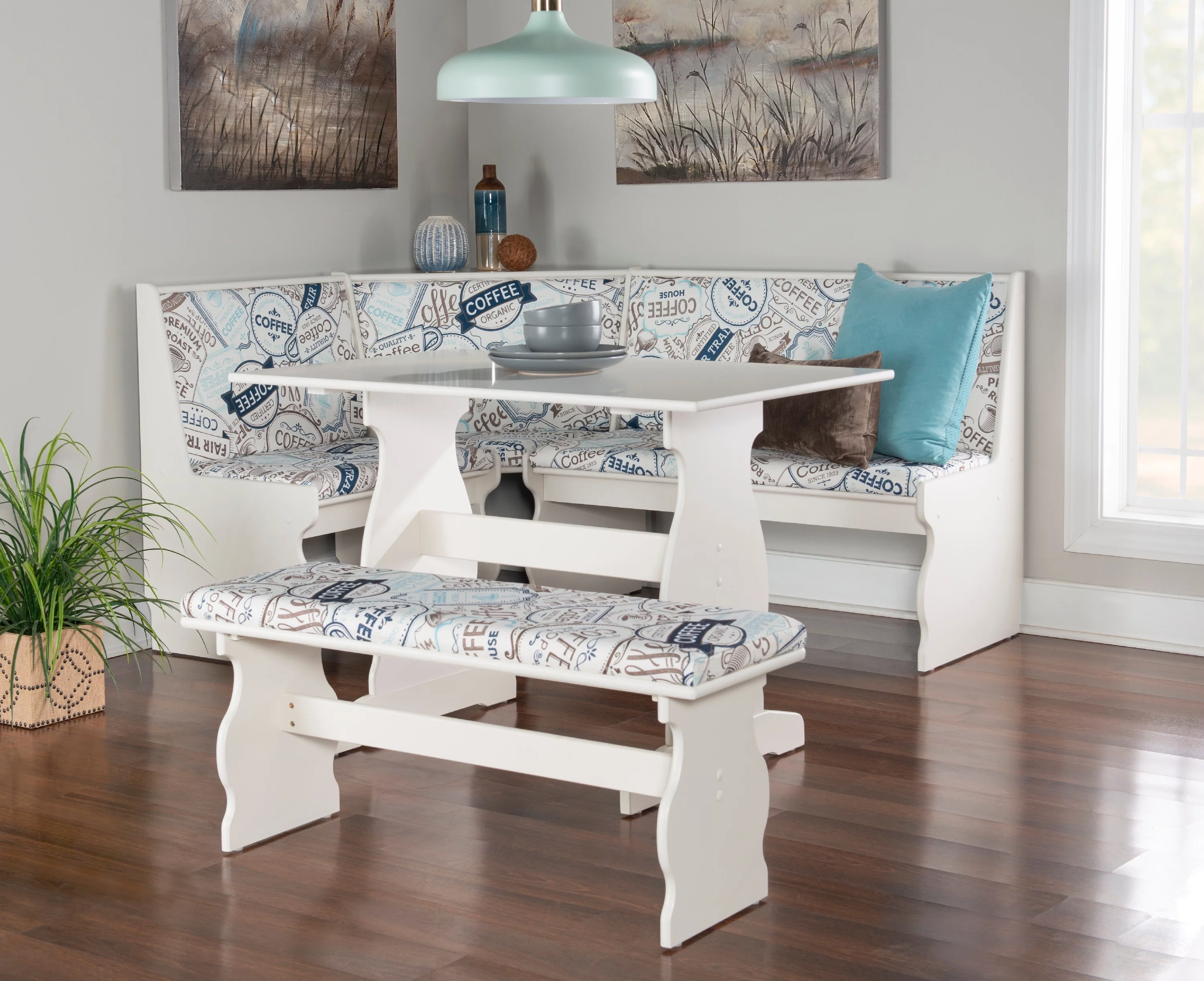 Linon Weston Corner Dining Breakfast Nook with Table and Bench, Seats 5-6, White Finish with Coffee Patterned Fabric