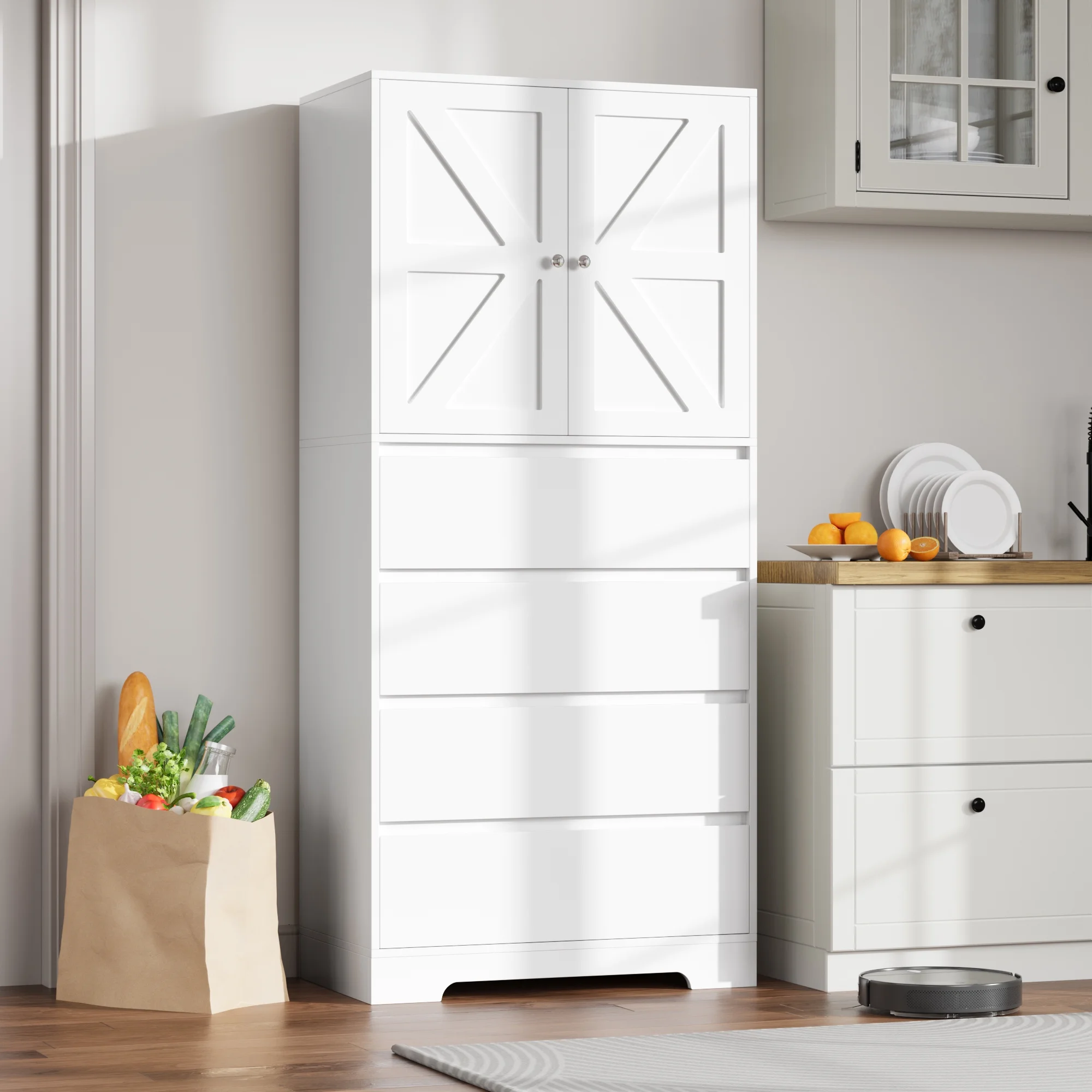 Homfa 64.2'' Tall Farmhouse Kitchen Pantry Storage Cabinet, 4 Drawer Wood Freestanding Storage Cabinet for Home Office Small Spaces, White