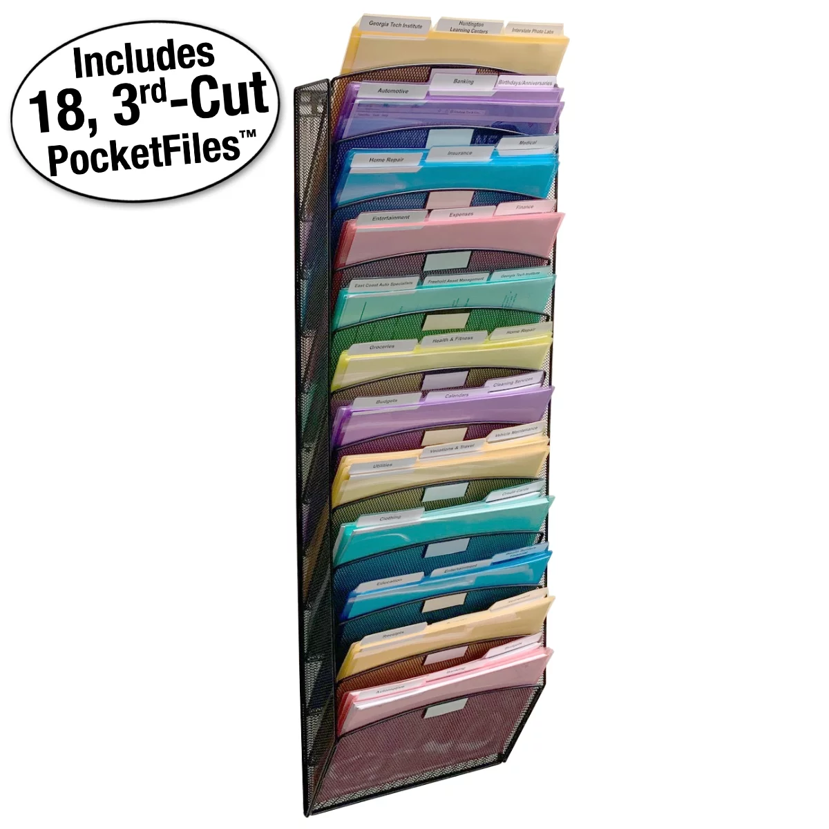 Ultimate Office Mesh Wall File Organizer, 12 Tier Vertical Mount Hanging File Sorter. Multipurpose Display Rack Includes 18, 3rd Cut PocketFile Clear Document Folder Project Pockets (Black)