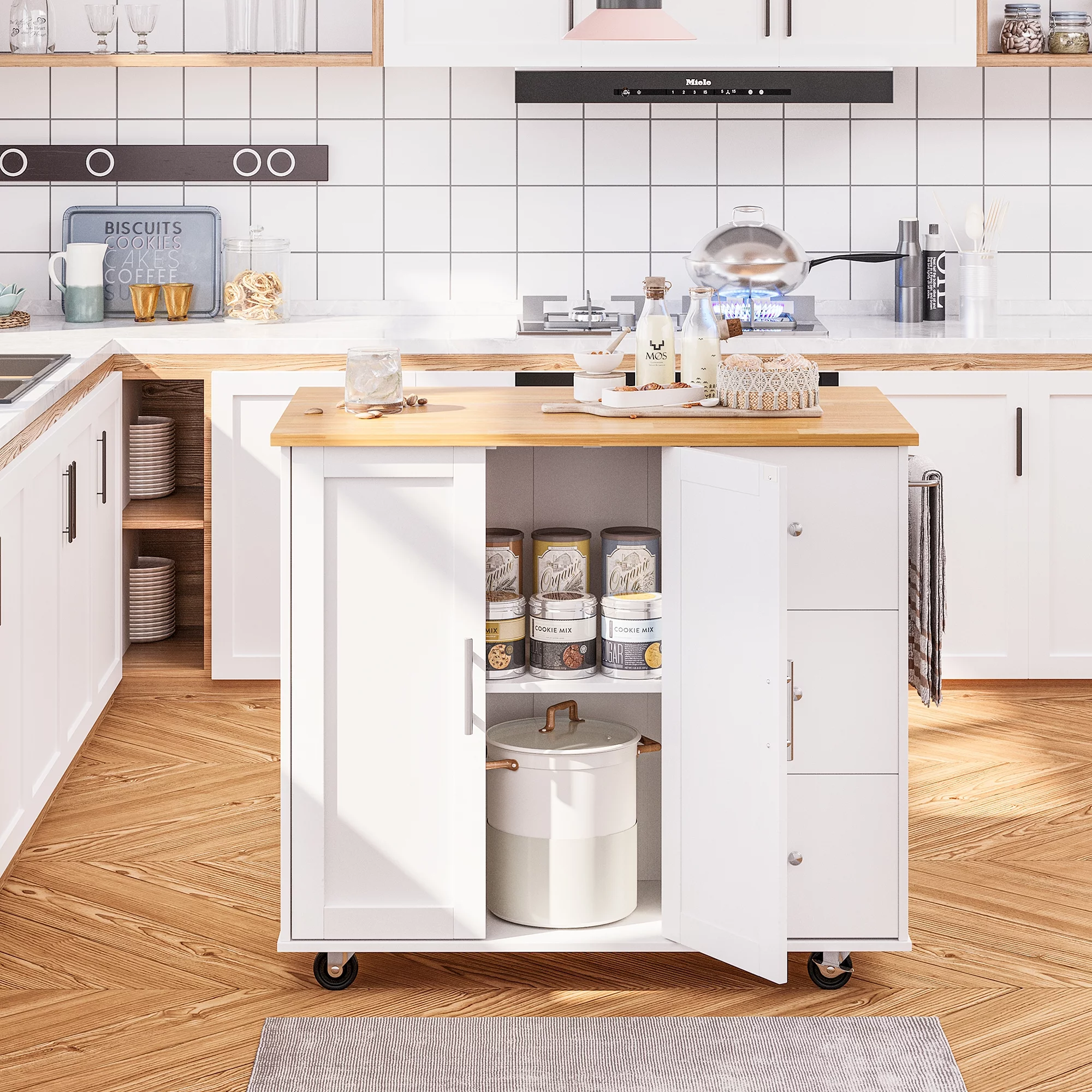 Walsunny Kitchen Island on Wheels with Storage Cabinet & 3 Drawer, 39.7