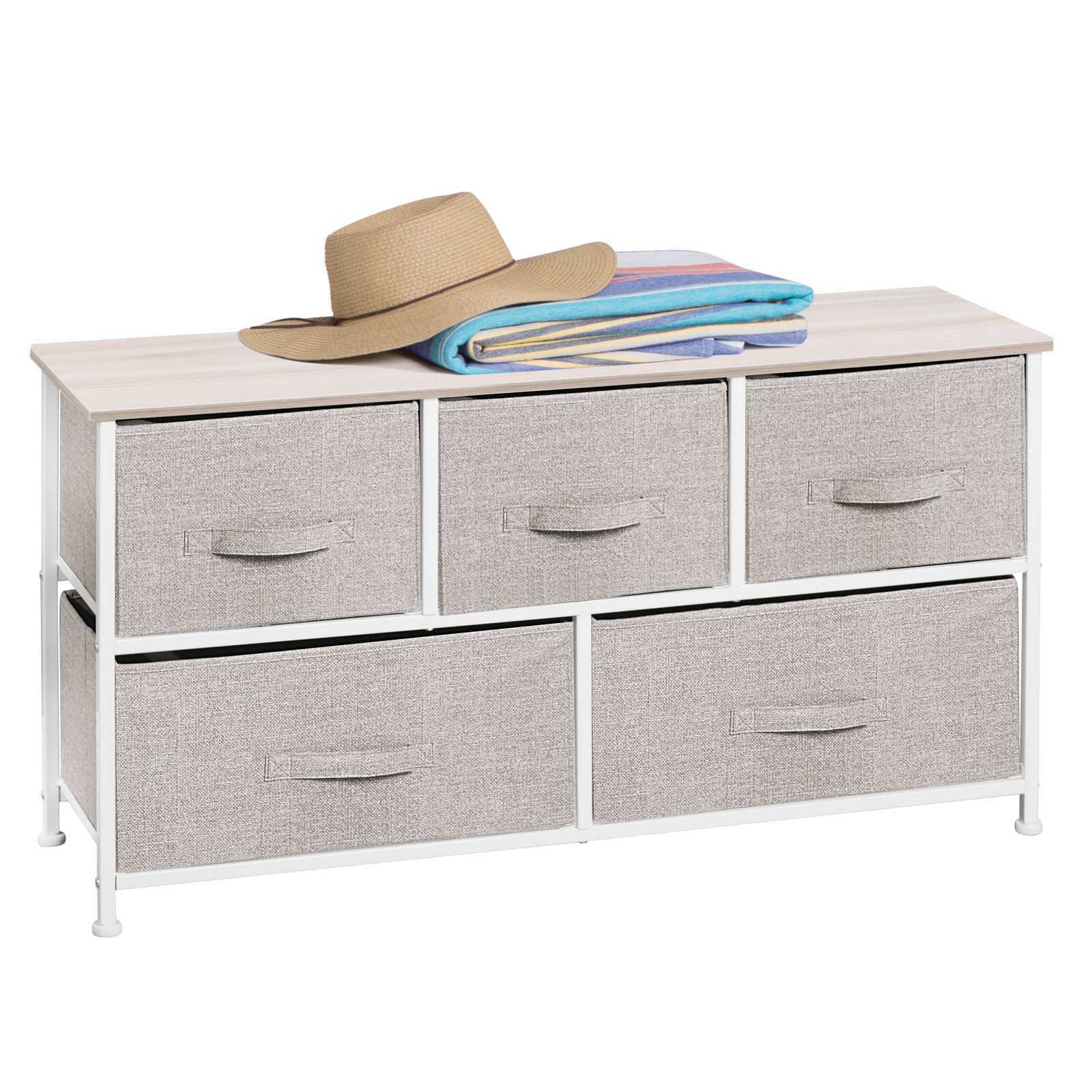 mDesign Wide Storage Dresser Furniture, 5 Removable Fabric Drawers, Linen/Tan