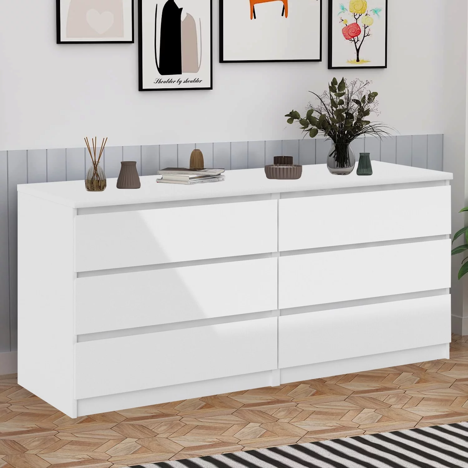 Pouseayar Chest of Drawers Dresser No Handles, 6 Drawer Chest with Wide Storage, Modern Contemporary 6-Drawer Cabinet for Bedroom Living Room Hallway, White