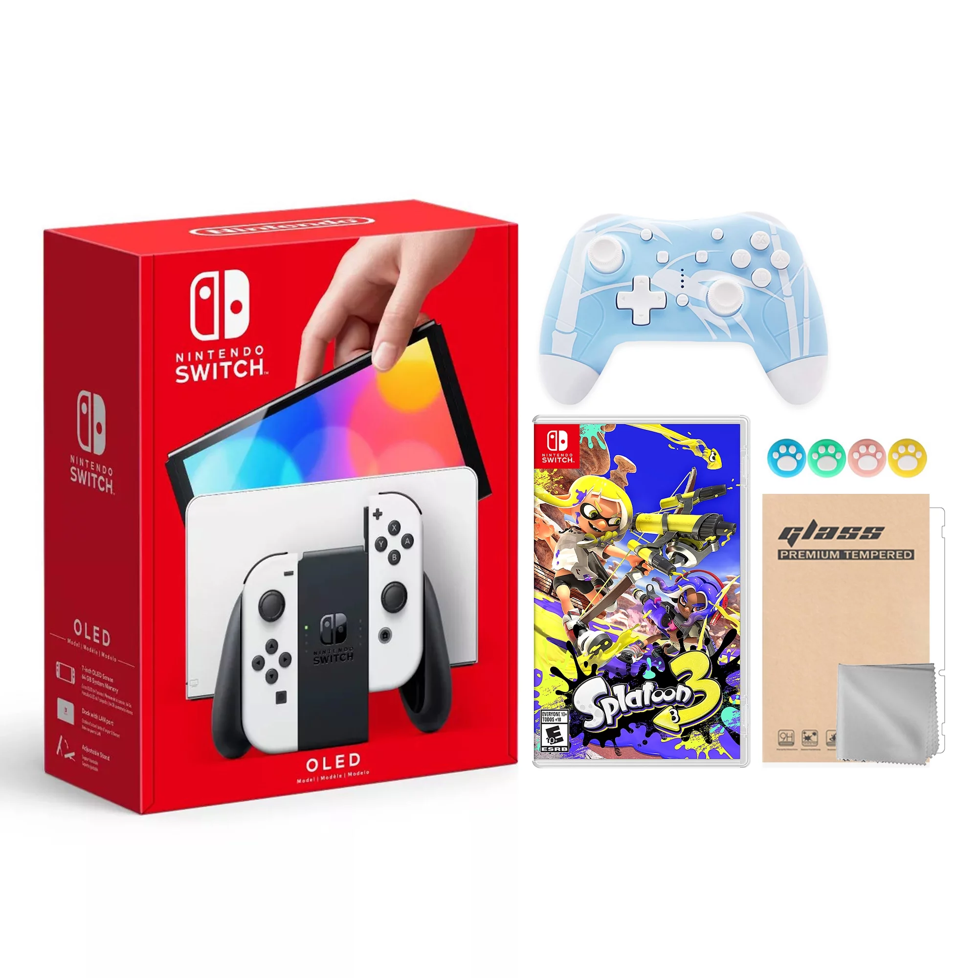 2022 New Nintendo Switch OLED Model White Joy Con 64GB Console with Splatoon 3 Game, Improved HD Screen & LAN-Port Dock, Mytrix Bamboo Blue Wireless Pro Controller and Accessories