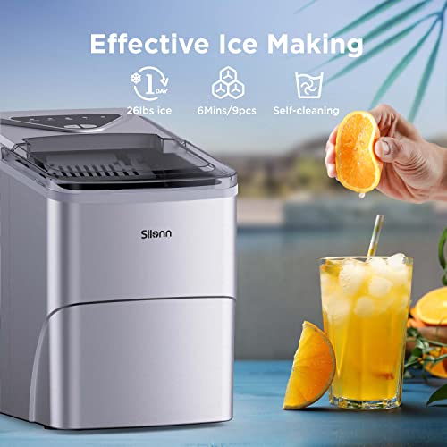 Silonn Ice Maker Countertop, 9 Cubes Ready in 6 Mins, 26lbs in 24Hrs, Self-Cleaning Ice Machine with Ice Scoop and Basket, 2 Sizes of Bullet Ice for Home Kitchen Office Bar Party