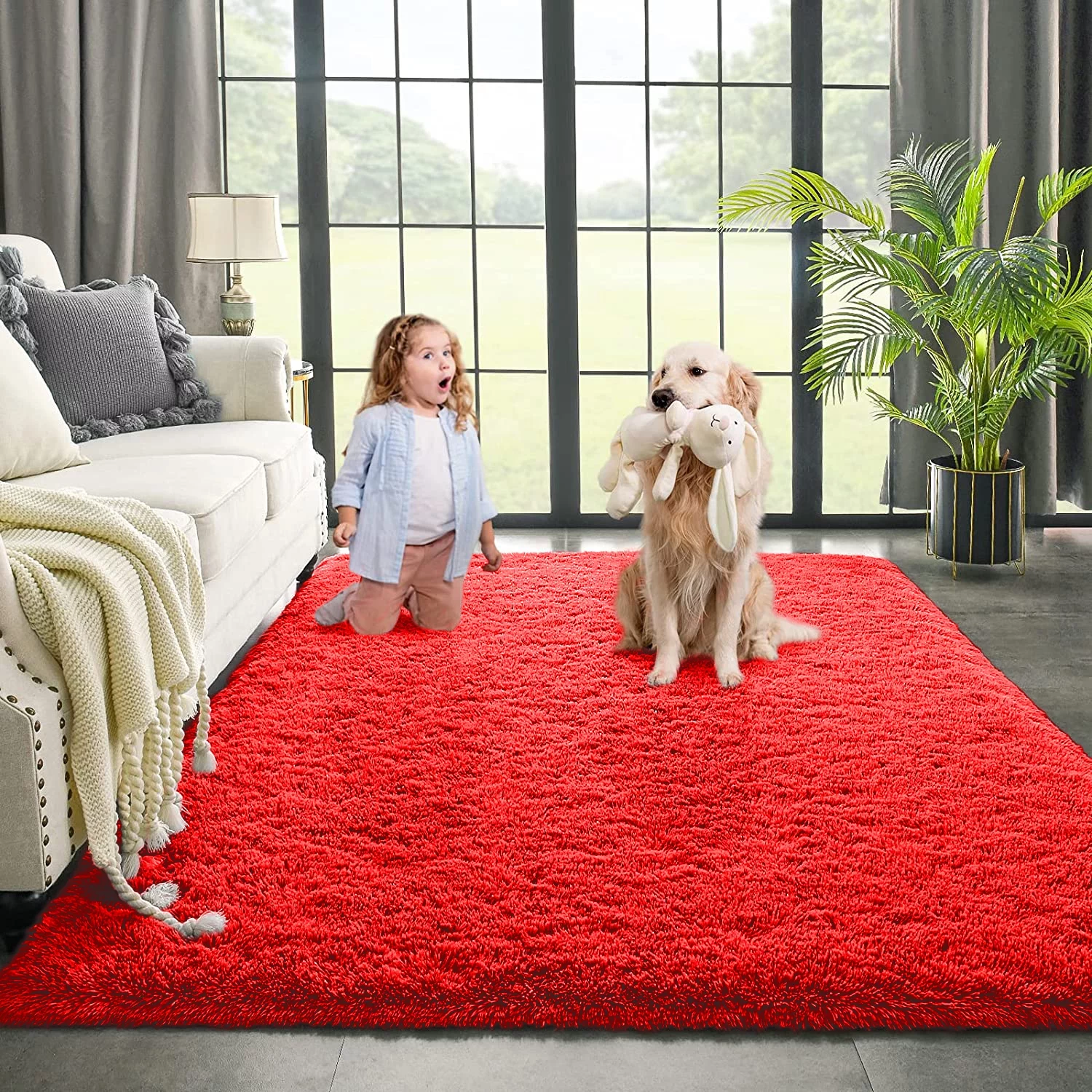 Dwelke Ultra Fluffy Rug Indoor Plush Soft Carpet for Living Room Anti-Skid Durable Area Rug 6x9ft Red