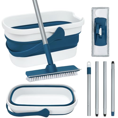 Collapsible Mop and Bucket Set with Scrub Mop and Brush, Tile Laminate Hardwood Floor Brush and Flat Mops for Floor Cleaning, Foldable Bucket with Washable Microfiber Mop(Blue)