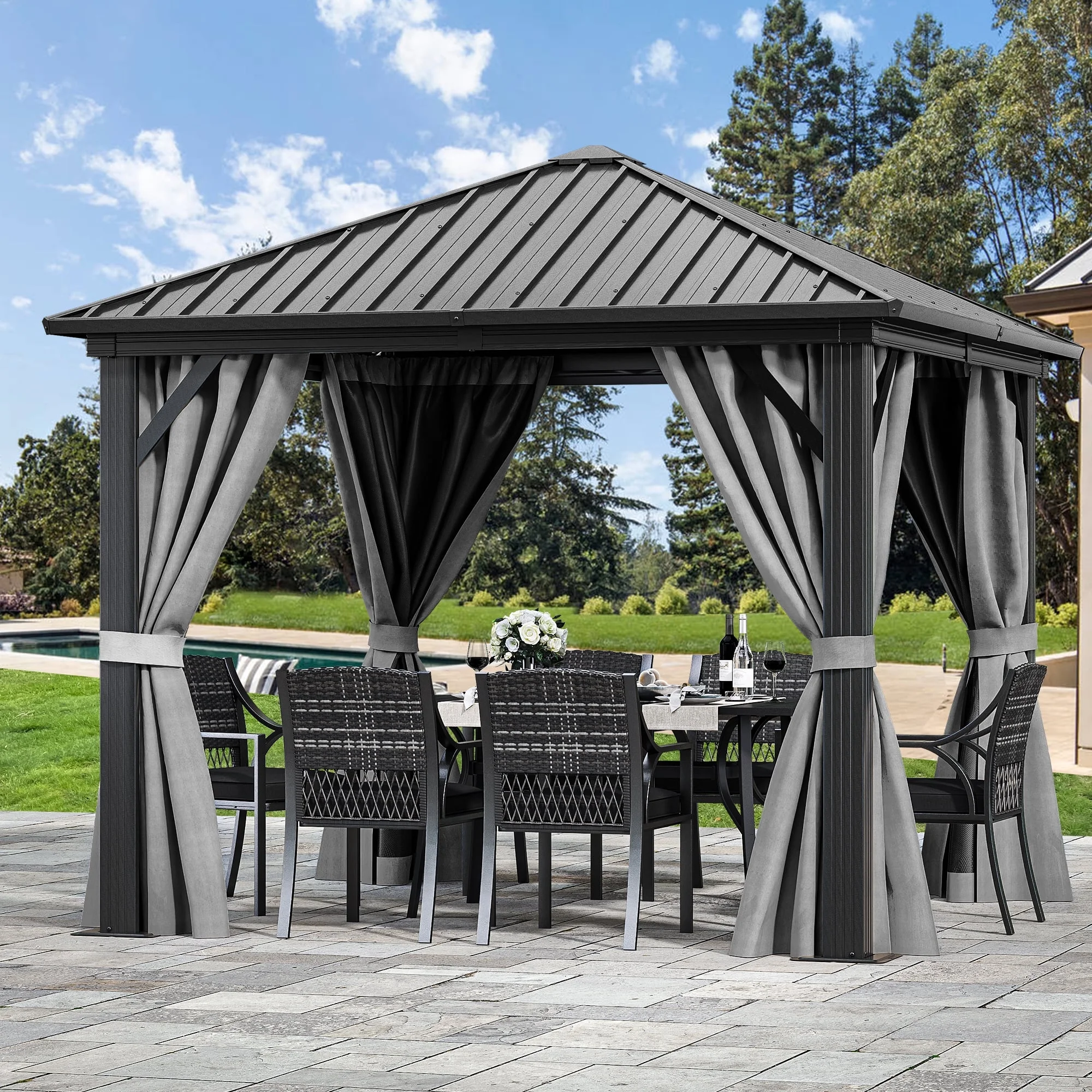 Dextrus 10x10ft Hardtop Gazebo with Nettings and Curtains,Heavy Duty Galvanized Steel Outdoor Vertical Stripes Roof for Patio, Backyard, Deck, and Lawns (Grey)
