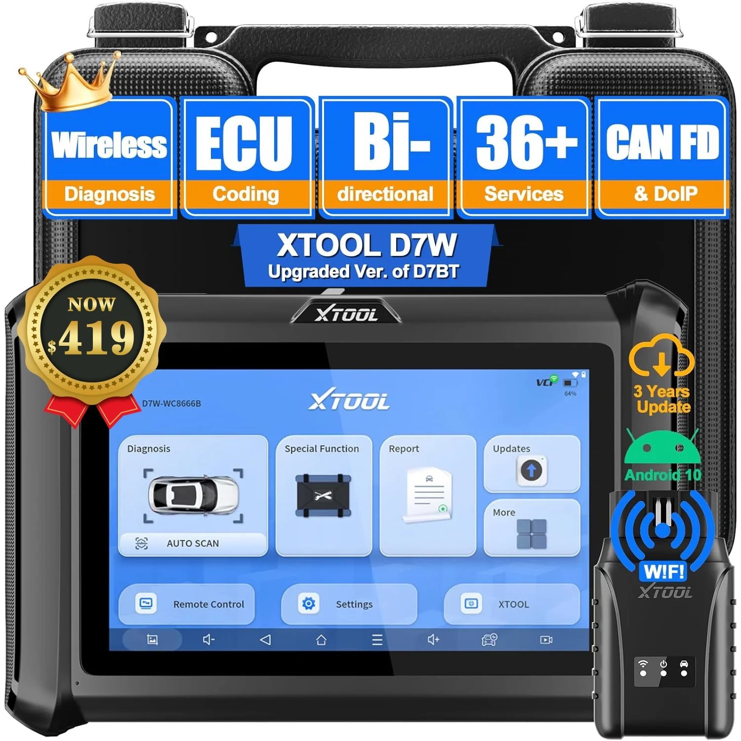 XTOOL D7W Wireless Bidirectional Scan Tool with 3-Year Updates, Key Programming, CAN FD&DoIP, ECU Coding, 36+ Resets, Crank Sensor Relearn, All System Car Diagnostic Scanner, Upgraded Ver. of D7