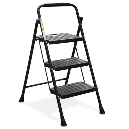 HBTower 3 Step Ladder, Folding Step Stool with Wide Anti-Slip Pedal, Sturdy Steel Ladder, Convenient Handrail, Lightweight, Portable Steel Step Stool