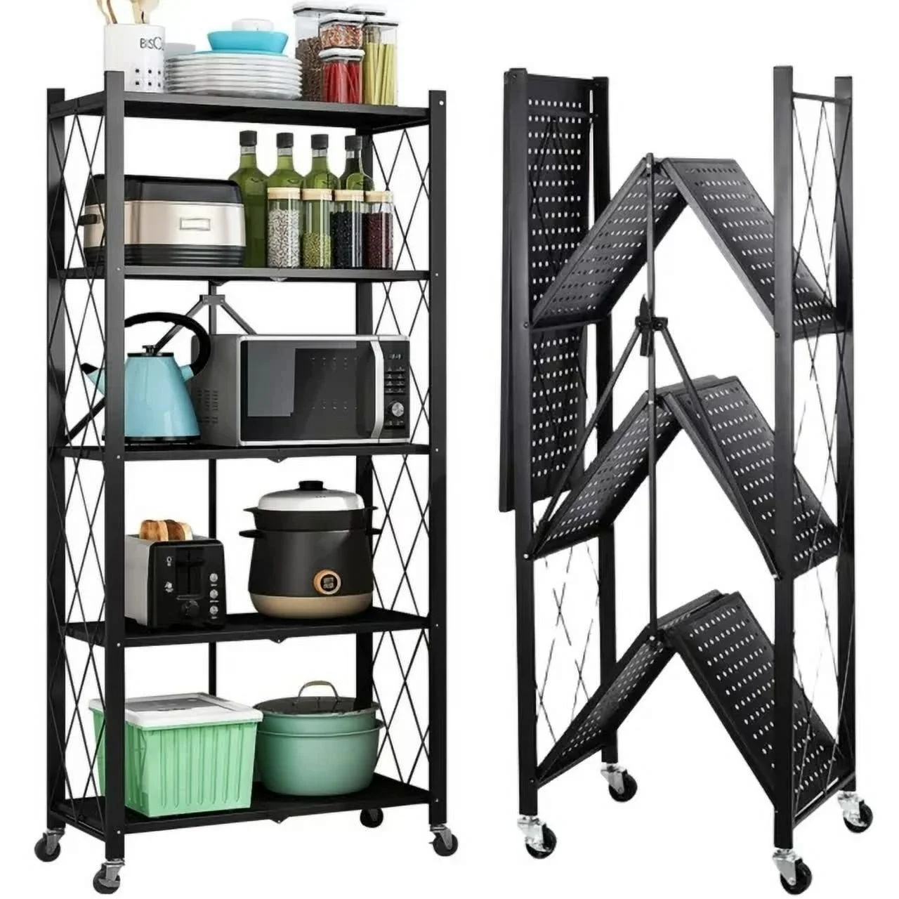 5 Tier Storage Shelves with Wheels 27.9''x 13.4'' x 62.5'' Collapsible Kitchen Rolling Cart, Metal Garage Shelving, Foldable Shelf with Wheels,Storage Rack on Wheel, Foldable Shelf Unit