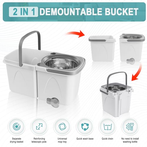 Spin Mop and Bucket with Wringer Set for Home, Separate Clean and Dirty Water, Spin Mop Bukcet System with 4 Reusable Microfiber Mop Pads, Wet Dust Mop for Floor Cleaning