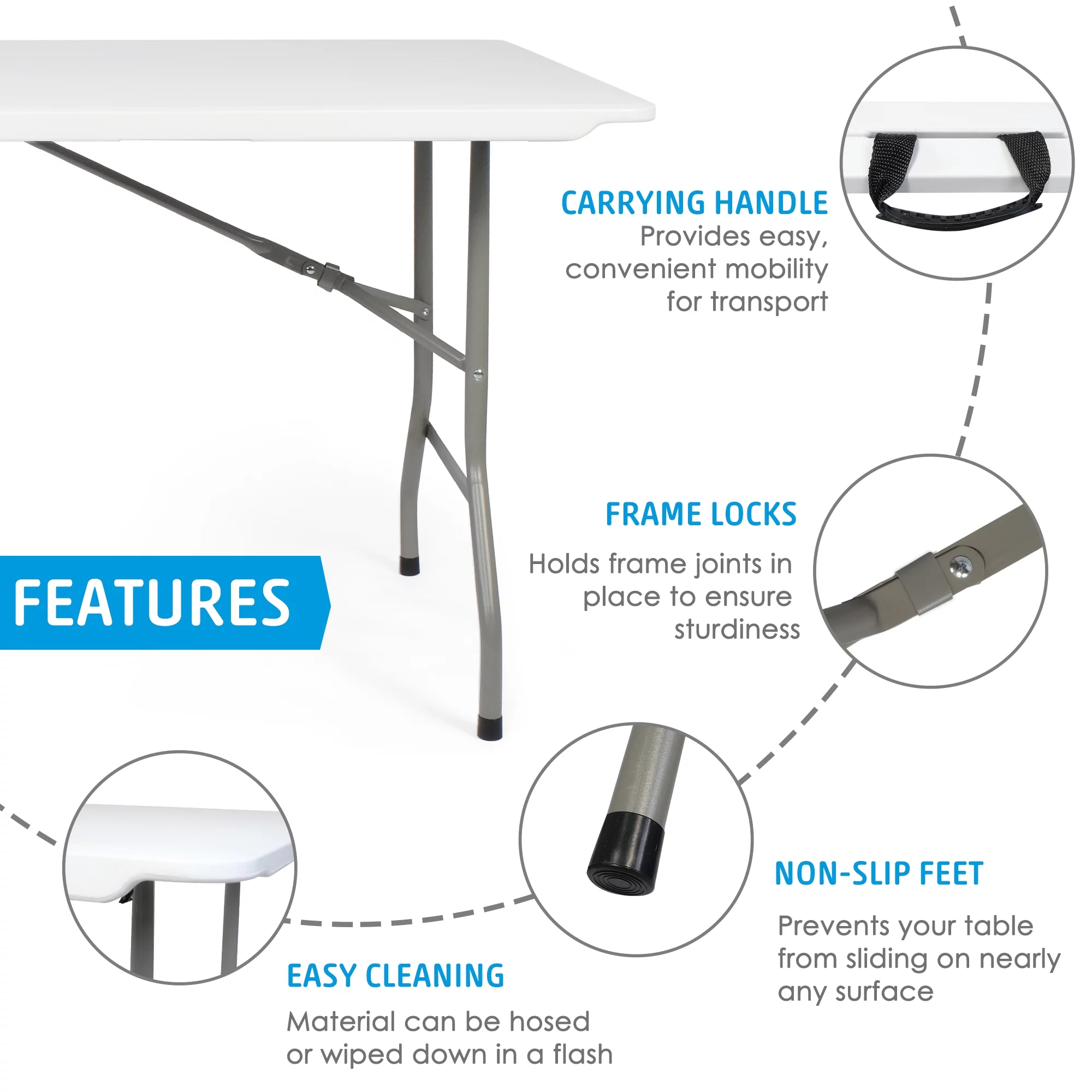 KARMAS PRODUCT 6FT Fold-in-Half Camping Table 71'' White Portable Folding Craft Table w/Handle for Office, Beach, Picnic, Garden, Home, Dining, Wedding No Assembly and Easy to Carry