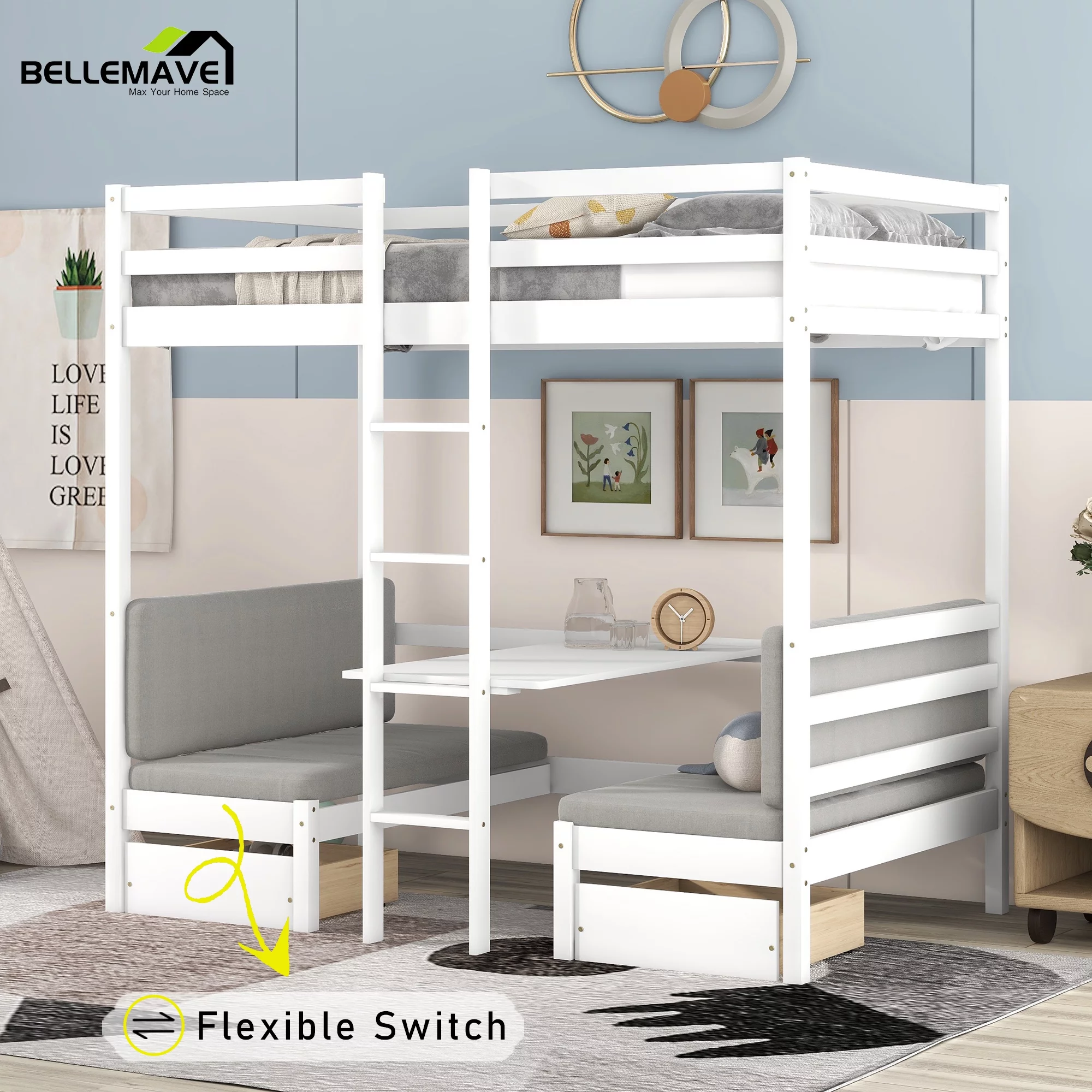 Bellemave Twin Size Loft Bed with Desk, Seat and Two Storage Drawer, Convertible Loft Bed Can be Turned Into Twin over Twin Bunk Bed for Kids, Teens, Boy & Girls (White)