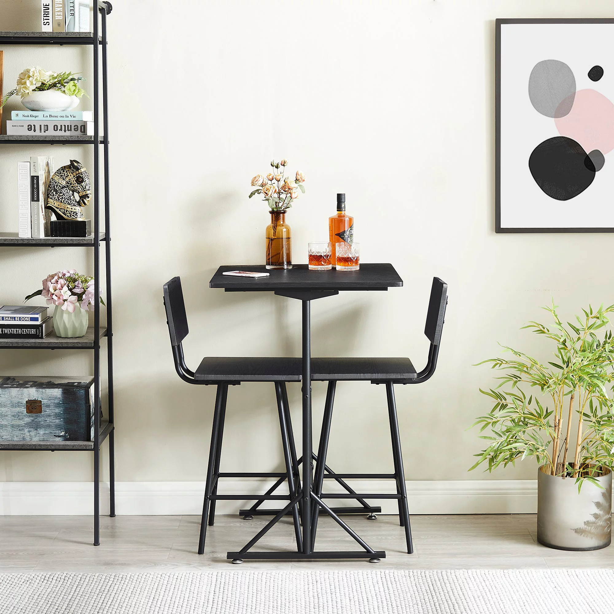 VECELO 3-Piece Dining Table Set with 2 Stools, Square Bar Table and Bar Stools for Breakfast Living Room Small Space, Black