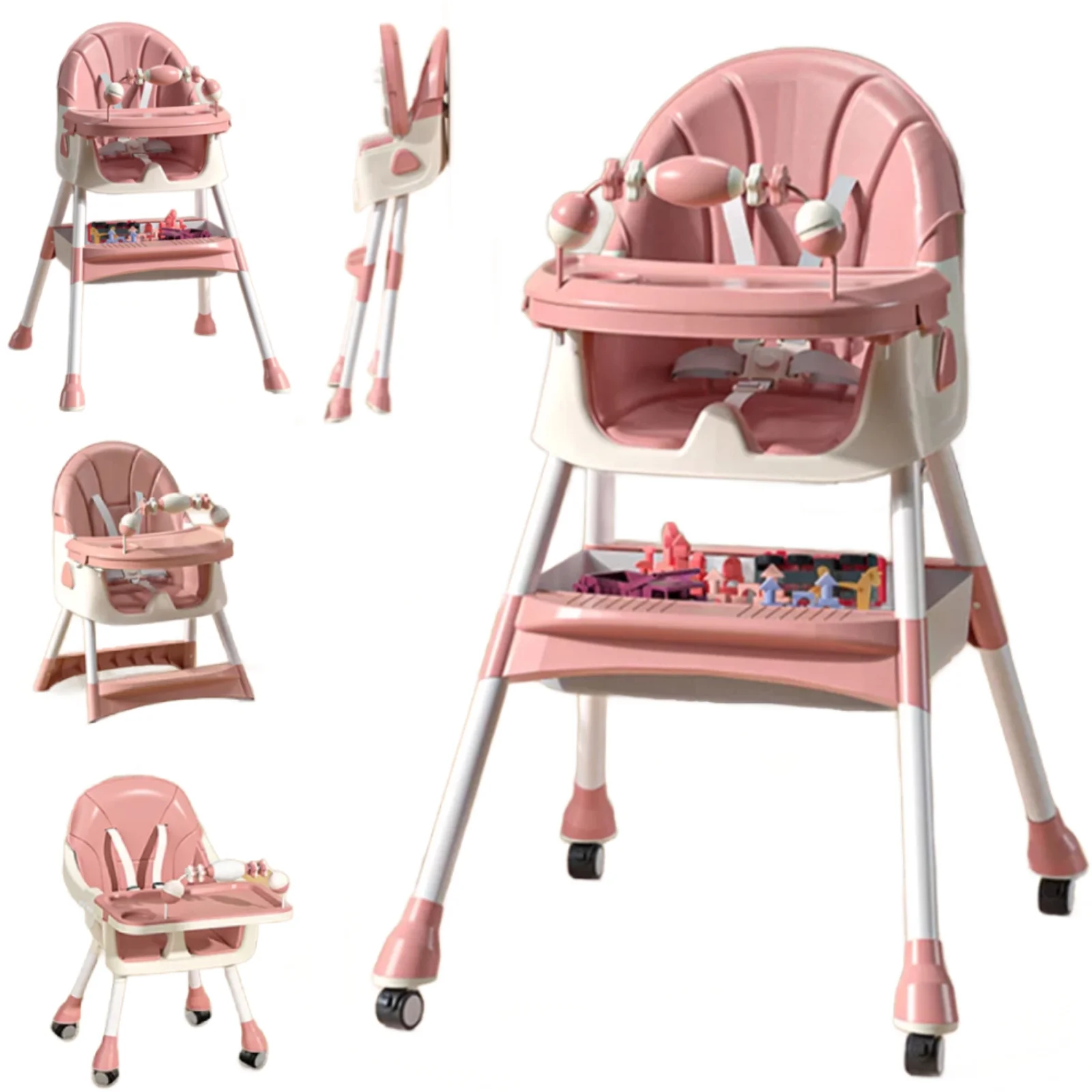 JOJOLAM Baby High Chair, 4-in-1 Foldable Highchair Dining Feeding Chair with Five-Point Harness Double Dining Plate & Toy Rack, Infant to Toddler, Pink