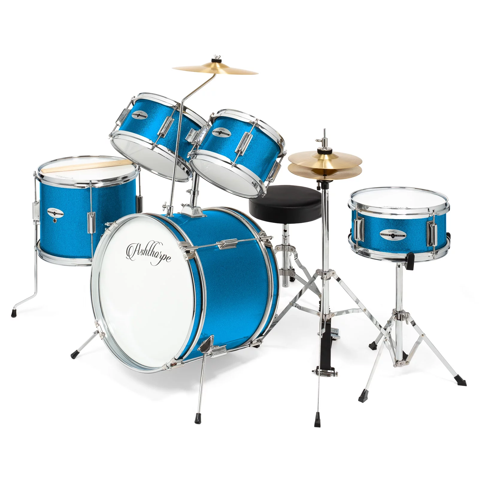 Ashthorpe 5-Piece Complete Junior Drum Set with Genuine Brass Cymbals Advanced Beginner Kit, 16