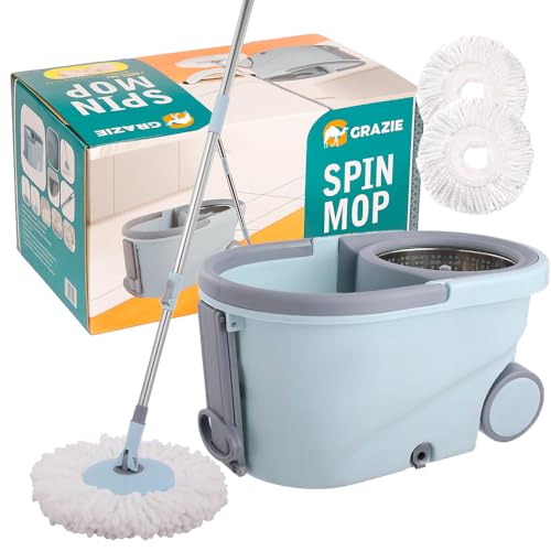 Grazie Spin Mop and Bucket with Wringer – 360° Microfiber Mop, Stainless Steel Handle, Built-in Wheels & Drain, for Tile, Hardwood & Laminate Floors – Includes Mop Head Refills