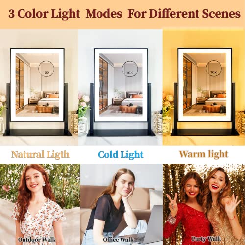 Vanity Mirror with Lights, Hollywood Vanity Makeup Mirror with 9 Dimmable LED Bulbs, 3 Color Lighting Modes, Detachable 10X Magnification, 360°Rotation,White