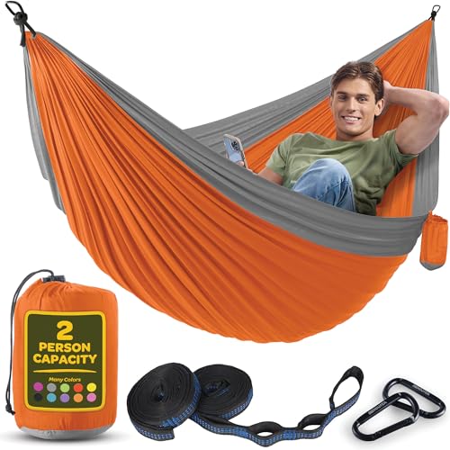 Durable Hammock 400 lb Capacity, Nylon Camping Hammock Chair - Double or Single Sizes w/Tree Straps and Attached Carry Bag - for Travel/Backpacking/Beach/Backyard (Medium, Black & Light Grey)