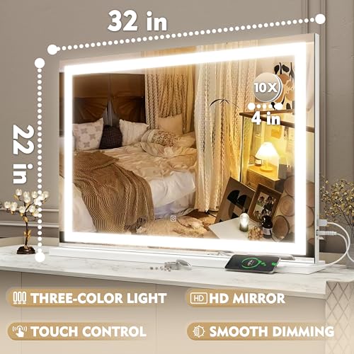 Vanity Mirror Makeup Mirror with Lights, Large Lighted Vanity Mirror, Light Up Mirror with Smart Touch 3 Colors Dimmable, Tabletop Mirror for Makeup Desk, 360° Rotation, 22