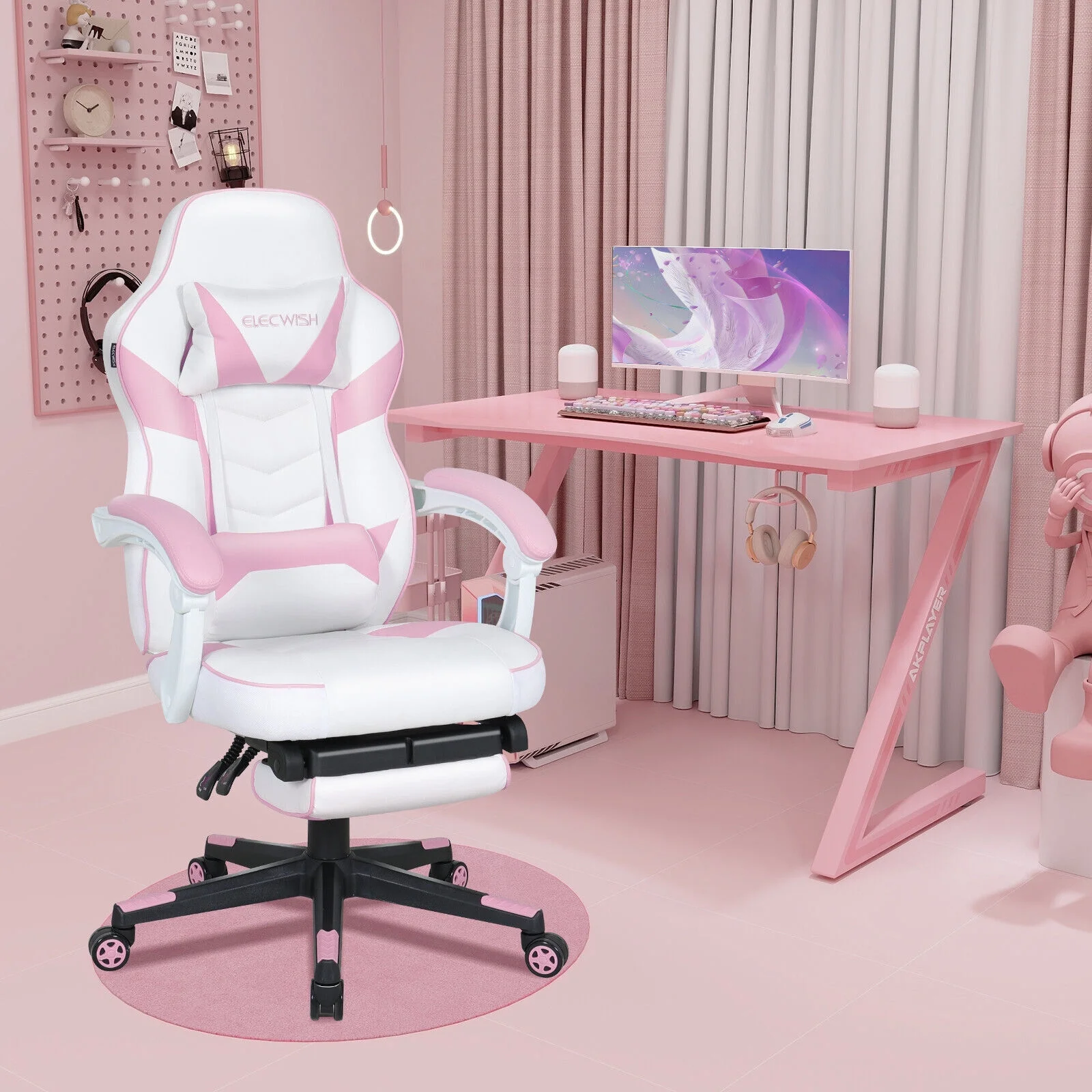 FULLWATT Video Gaming Chair Office Chair Ergonomic PC Computer Chair Reclining Racing Chair with High Back Swivel Executive Office Desk Chair with Extendable Footrest Adjustable Lumbar Pillow Pink