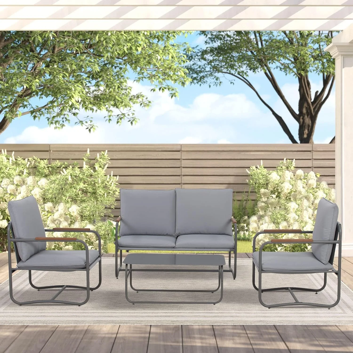 Royalcraft 4 Piece Outdoor Furniture Patio Conversation Sets, Metal Loveseat and Chairs with Tables,8 Cushions,Grey