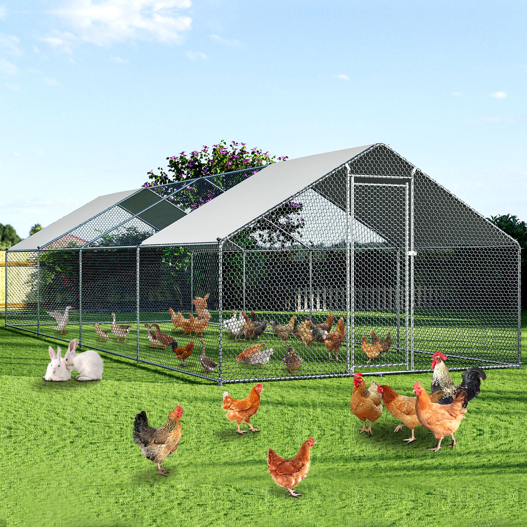 TCFUNDY 27x10ft Large Chicken Coop, Backyard Chicken Pen Run House with Wateroof & Sun-Proof Cover, Outdoor Walk-in Chicken Runs for Yard, Poultry Cage