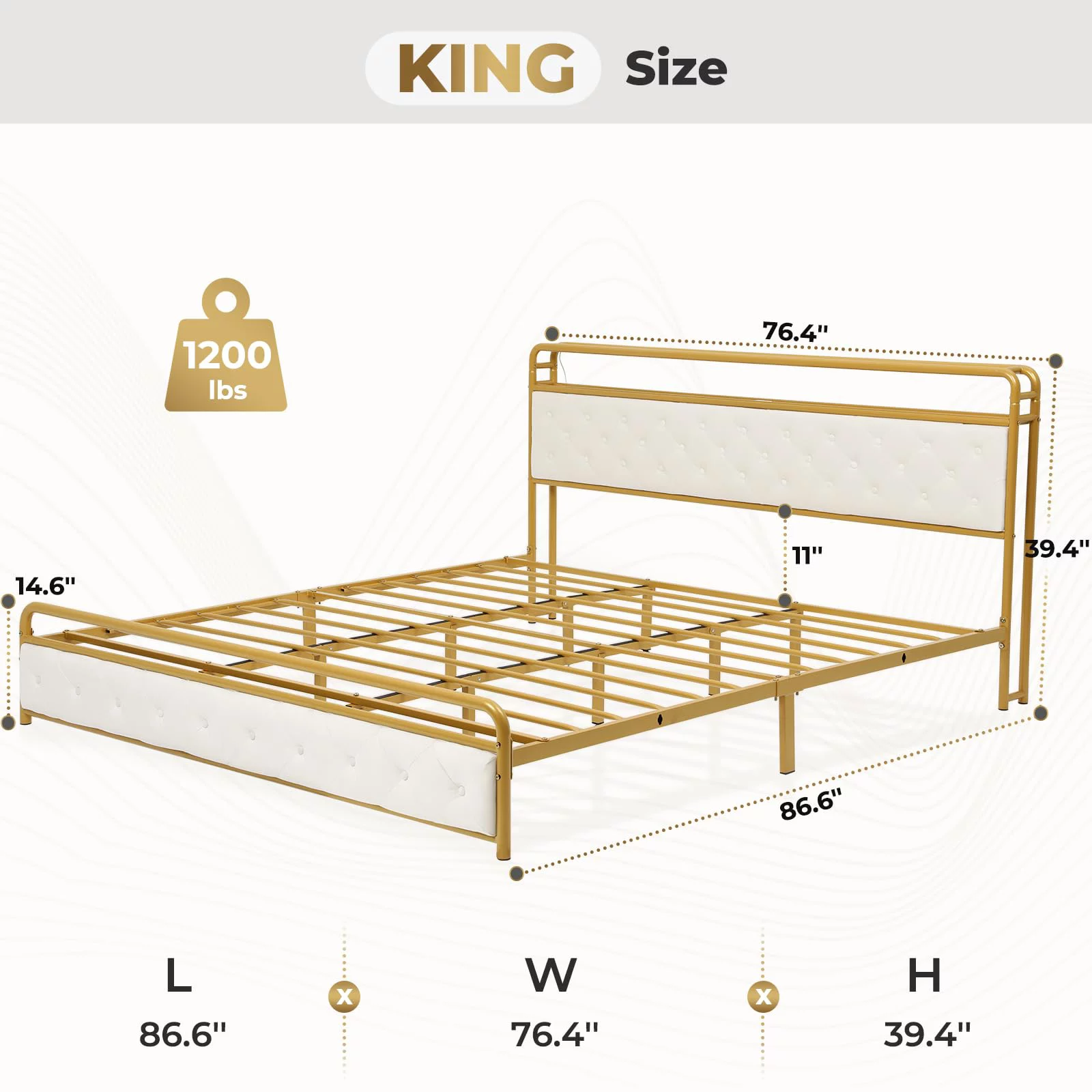 King LED Bed Frame with Power Outlets&USB Ports&Storage Headboard, Modern Upholstered Platform Bed Frame,Velvet Tufted Headboard&Footboard,Noise-Free, White&Gold