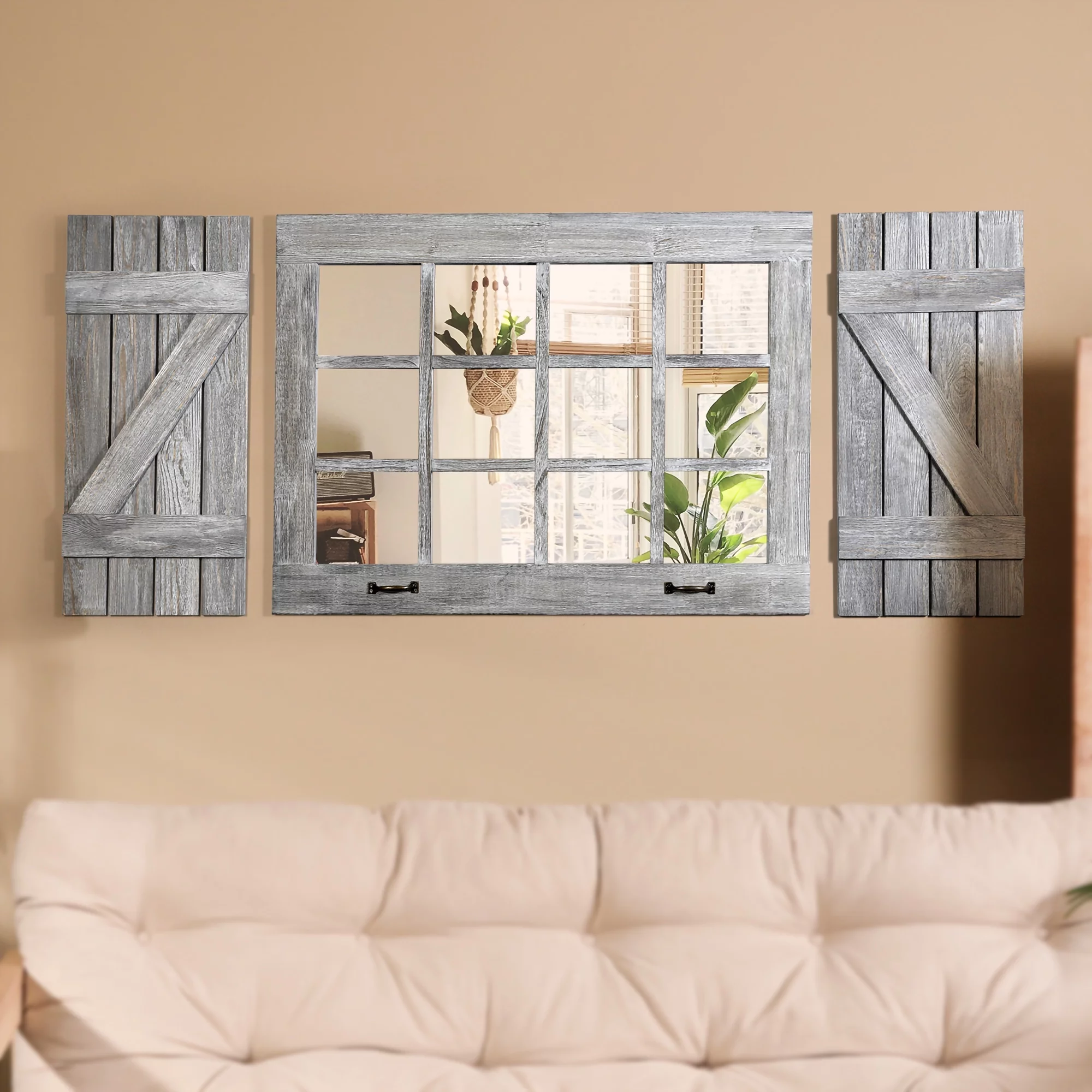Large Window Mirror with Shutters Wall Decor, Distressed Wood Windowpane Mirror( Window Mirrorx1,Shuttersx2),Rustic Grey