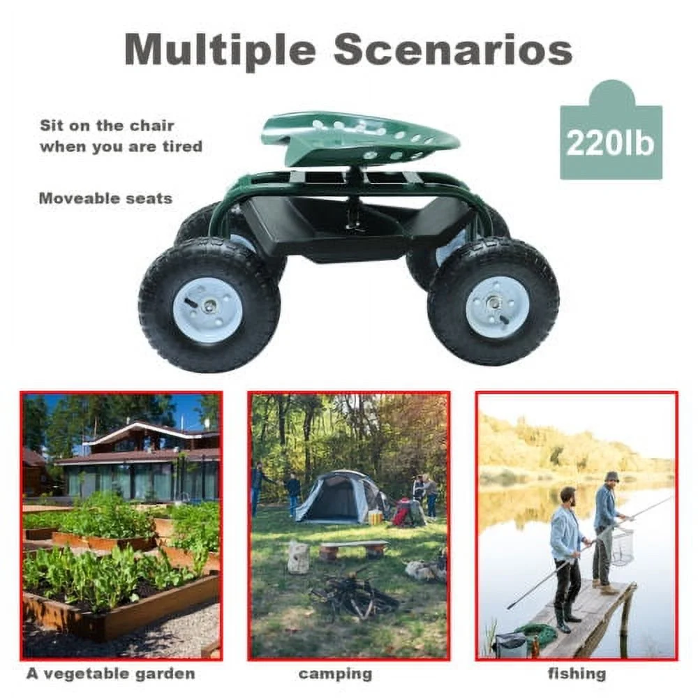 Rolling Garden Seat Cart Swivel Gardening Work 4 Wheel Metal Stool Outdoor Green