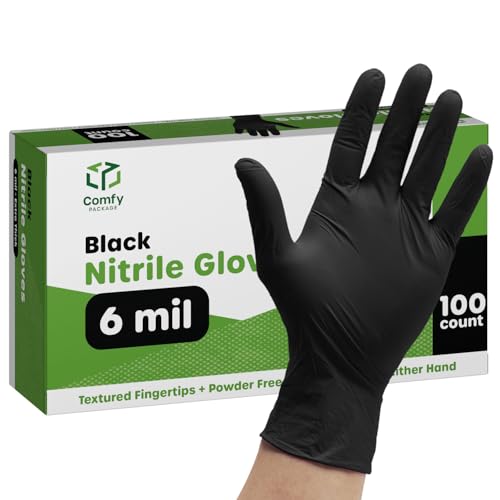 Comfy Package Black Nitrile HEAVY DUTY 6 Mil. Chemical Resistance, Latex & Powder Free, Textured Fingertips Disposable Gloves