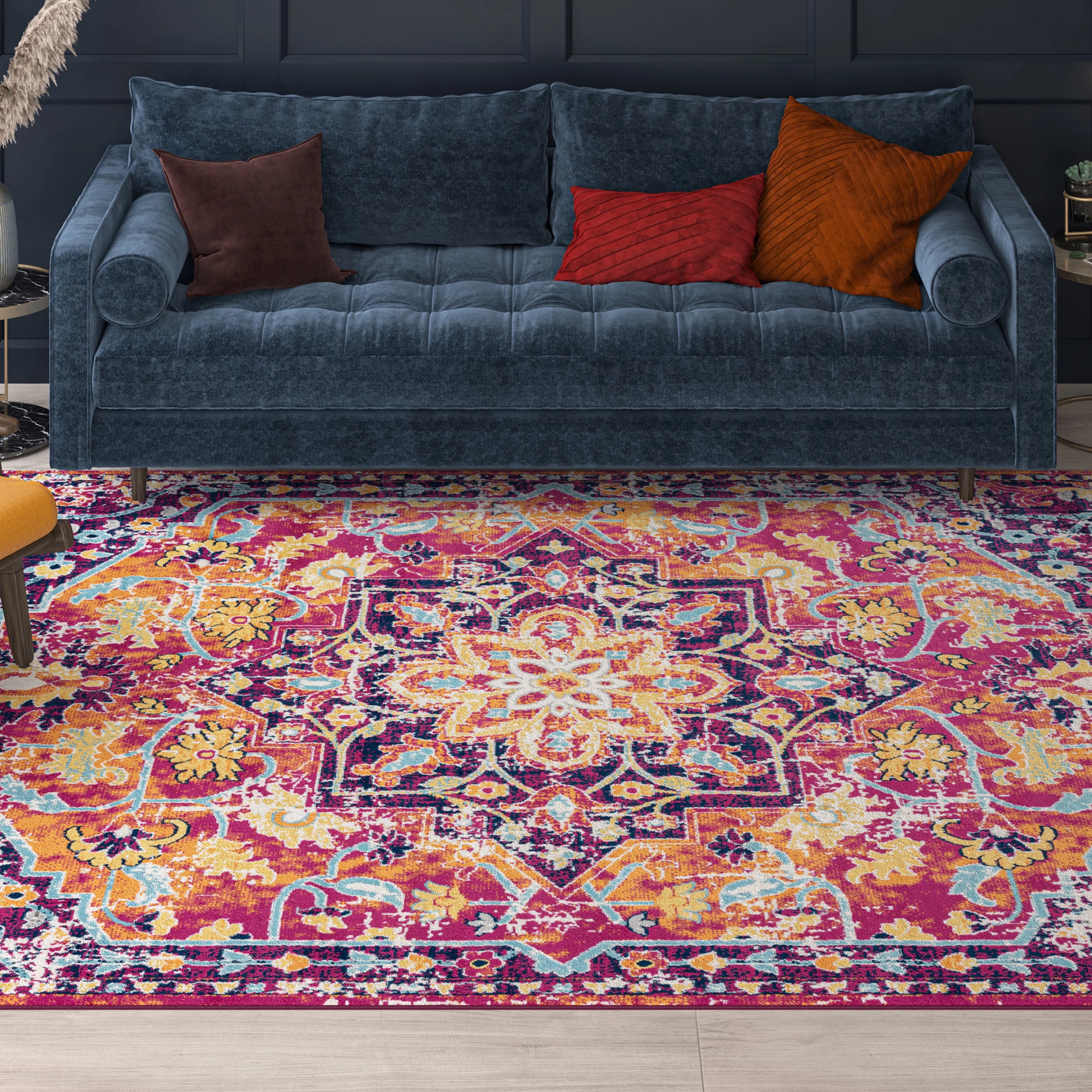 Transitional 8x10 Area Rug (7'11'' x 10'3'') Medallion Pink, Orange Living Room Easy to Clean