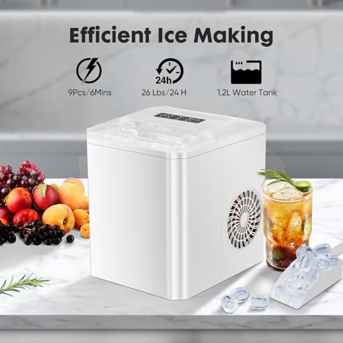 Sweetcrispy Countertop Ice Maker Machine, Portable Self-Cleaning Ice Machine with Ice Scoop, Basket and Handle, 9 Cubes in 6 Mins, 26.5lbs/24Hrs, 2 Sizes of Bullet Ice for Home Kitchen, Coal Black