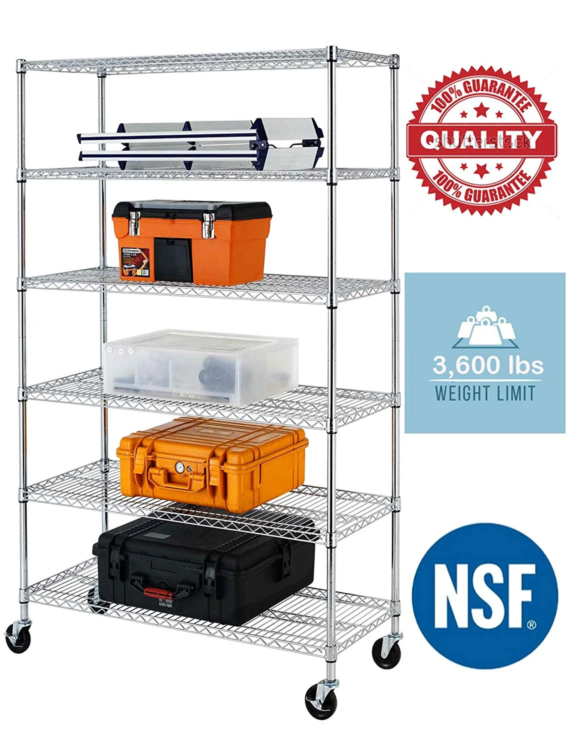 NSF Wire Shelving Unit Heavy Duty Garage Storage Shelves Large Black Metal Shelf Organizer 6-Tier Height Adjustable Commercial Grade Storage Rack 6000 LBS Capacity on 4