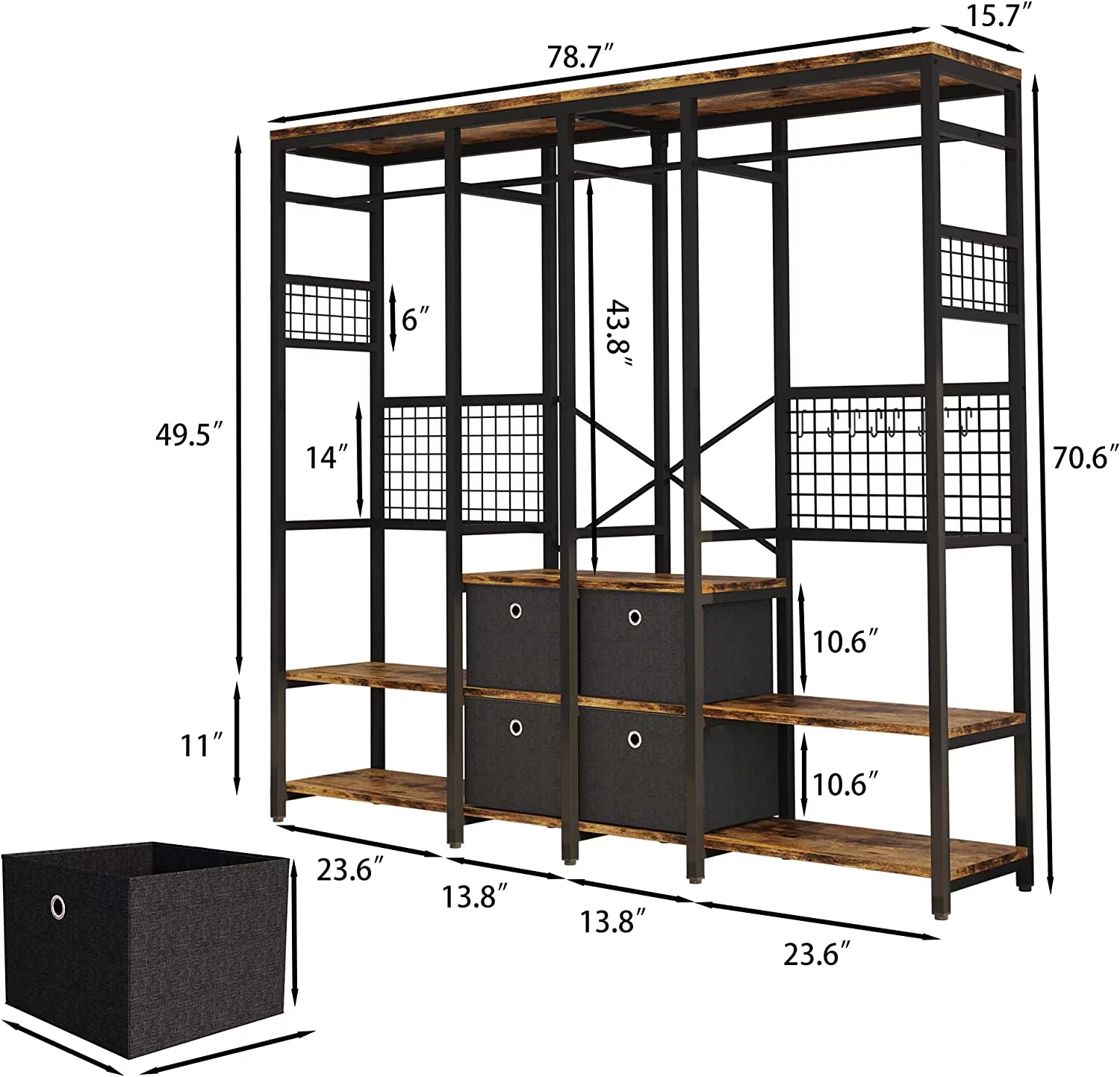 IRONCK Garment Racks with Shelves 4 Drawers and 8 Hooks Heavy Duty Closet Organizer for Hanging Clothes, Freestanding Closet Wardrobe Rack, Vintage Brown