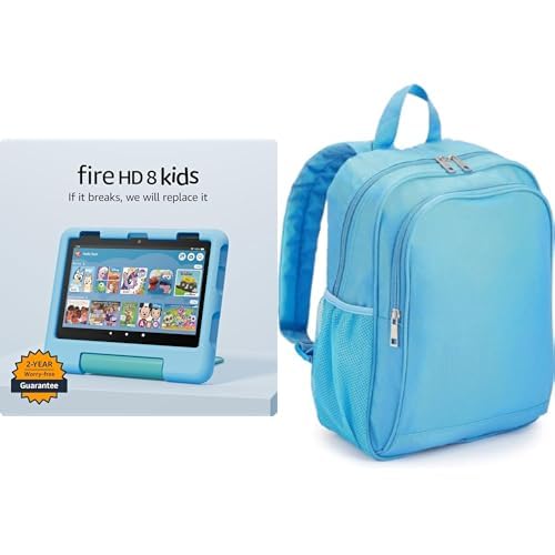 Amazon Fire HD 8 Kids Tablet (32 GB, Blue, 6 months Kids+, 2024 release) + Backpack Bundle