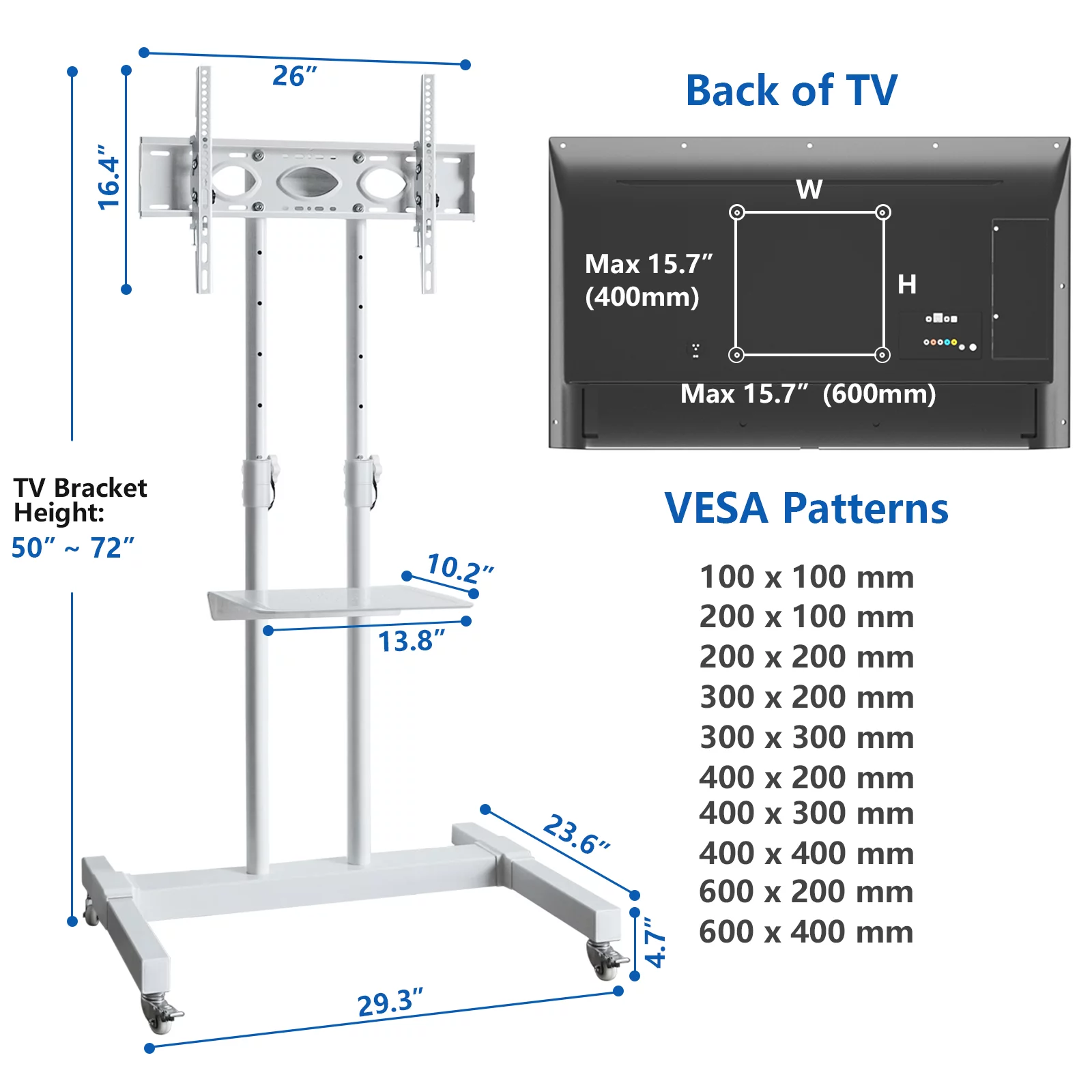 Tall TV Stand with Wheels for 32 to 85 Inch Flat Panel TVs Tilt Floor Trolley Stand Cart, White Shelf