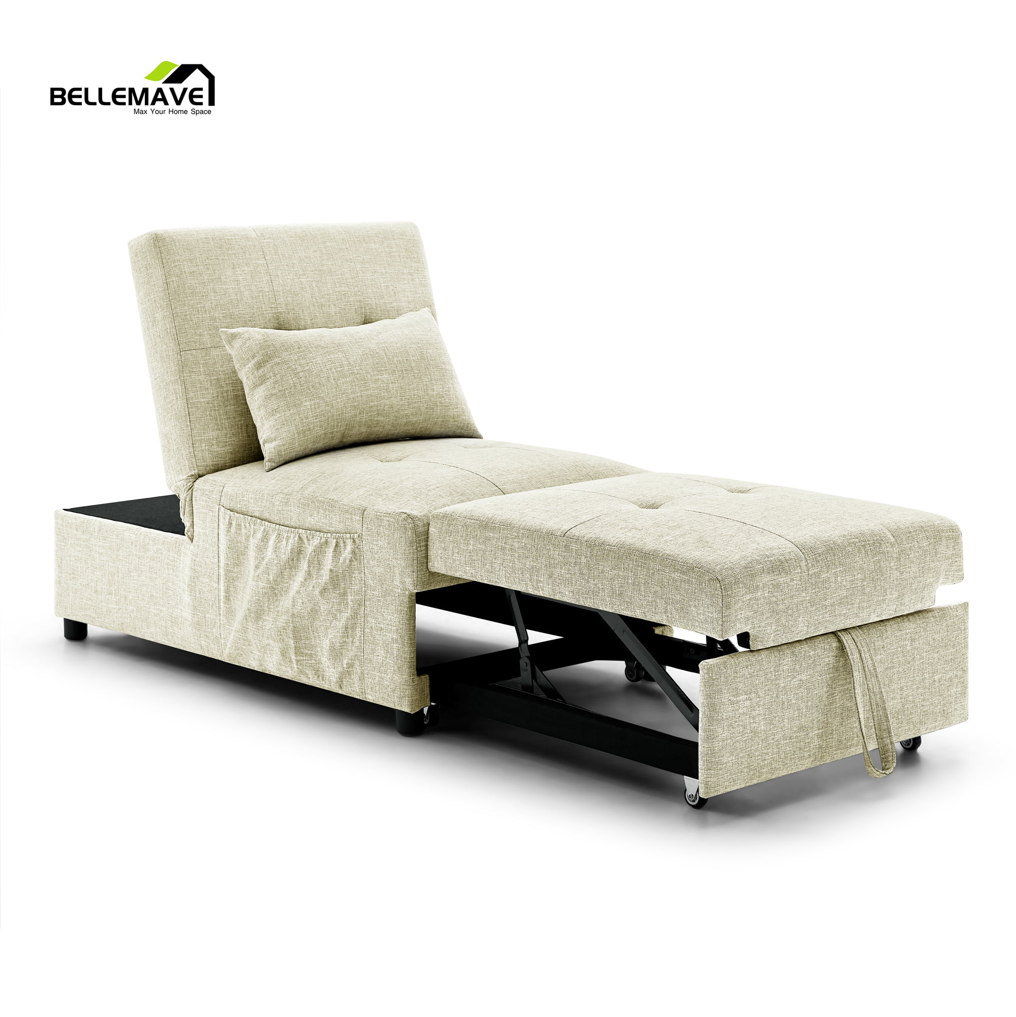 Bellemave 4 in 1 Folding Sofa Bed,&nbsp;Chaise Lounge Indoor with 1 Pillow and Side Pocket, Convertible Ottoman for Small Space Living , 3 Positions, (Beige)
