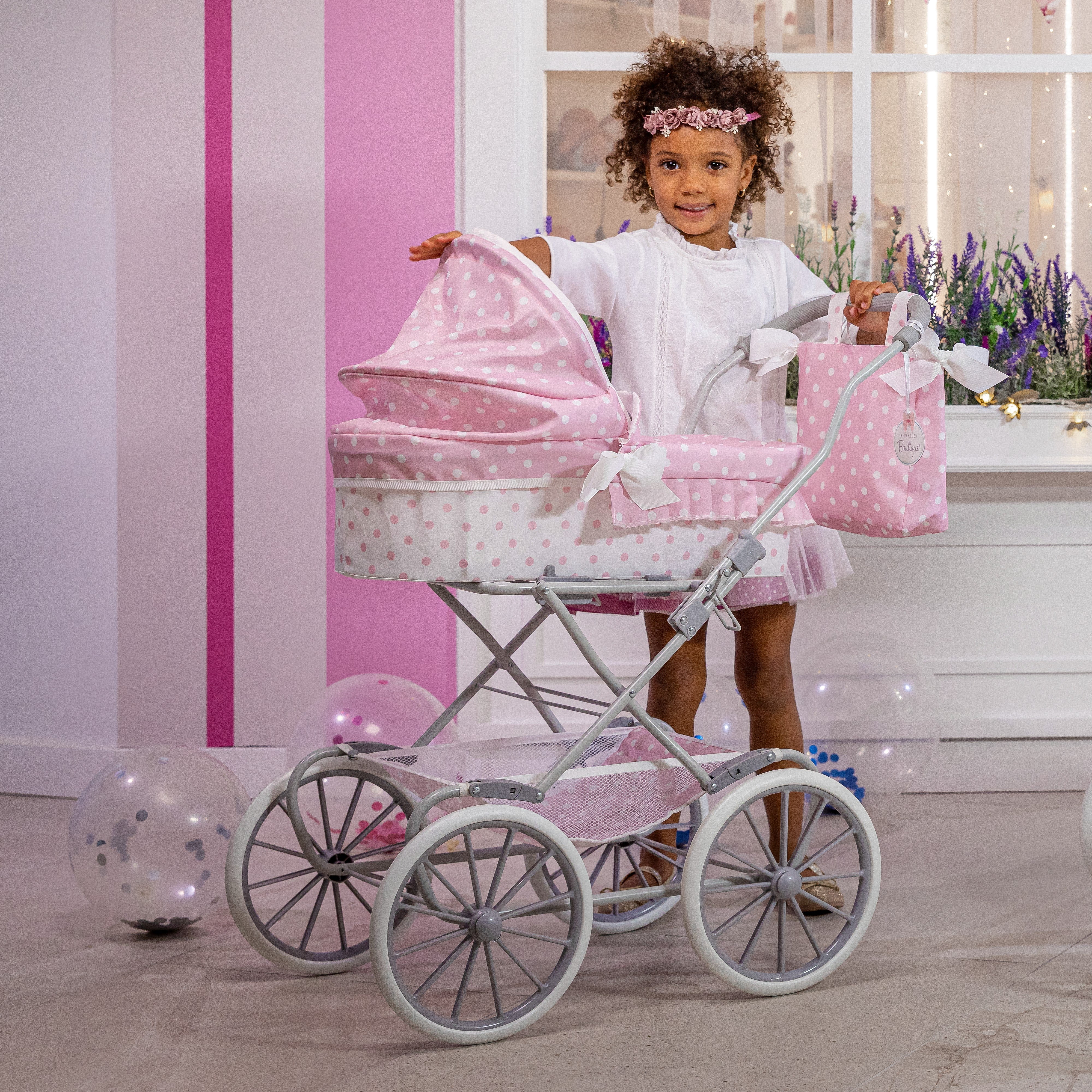 JC Toys  Up to 18 in. Berenguer Boutique Baby Doll Royal Pram Stroller, Pink