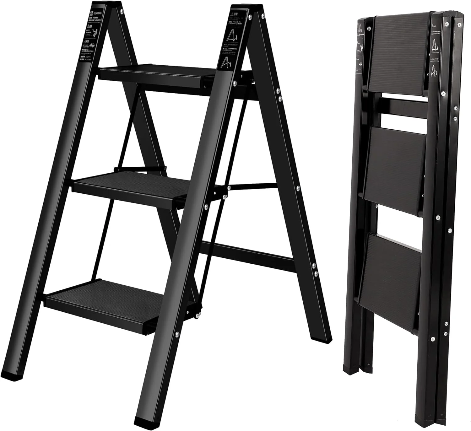 BOWEITI 3 Step Ladder, Steel Folding Step Stool with Wide Anti-Slip Pedal, Portable Lightweight Multi-Use Stepladder 330lbs (Black)