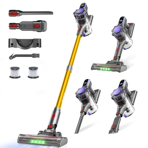 MONSGA Cordless Vacuum Cleaner, 45KPa 400W Stick Vacuum for Home, 50Mins Anti-Tangled Vacuum Cleaner with Charging Dock, Light-weighted Handheld Vacuum for Pet Hair/Carpet/Floor, LED Touch Display,MV3