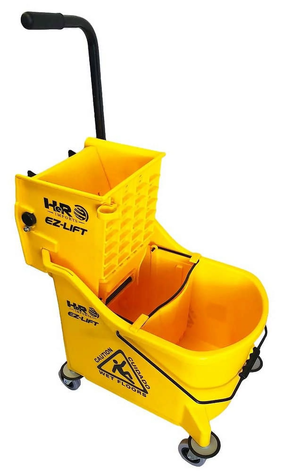 HeRO Imports Commercial Mop Bucket, Separator, Metal Casters, Wringer, Wet Floor Sign, Yellow